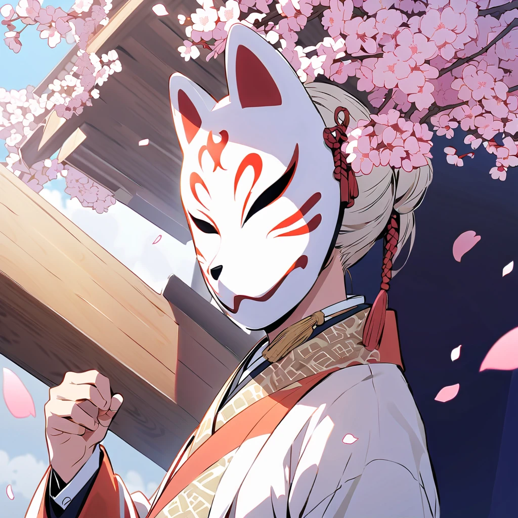 A man in a suit wearing a fox mask、cherry blossoms