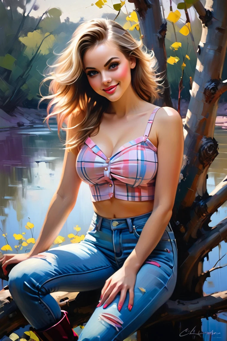  Create a contemporary portrait of a 
beautiful, Young and energetic, Charming model, Large
Breasts, Clive Arch, (Exquisite eyes, Delicate lips,
extremely Exquisite eyes), Show a bright smile, airbrush oil a beautiful woman with her light brown
hair up in a fussy bun she is wearing a pink plaid top blue jeans
and btown boots sitting on a low hanging twisted tree branch
with white pink light blue and lavendar flowers river flowing in
the background,
in the
expressive and painterly style of Malcolm Liepke,
utilizing a palette of light pink, yellow and red,
light grayish blue. Dynamic
brushstrokes and a focus on capturina the depth. The painting style is expressive a
nd dynamic, showcasing bold brush strokes and a rich color palette .