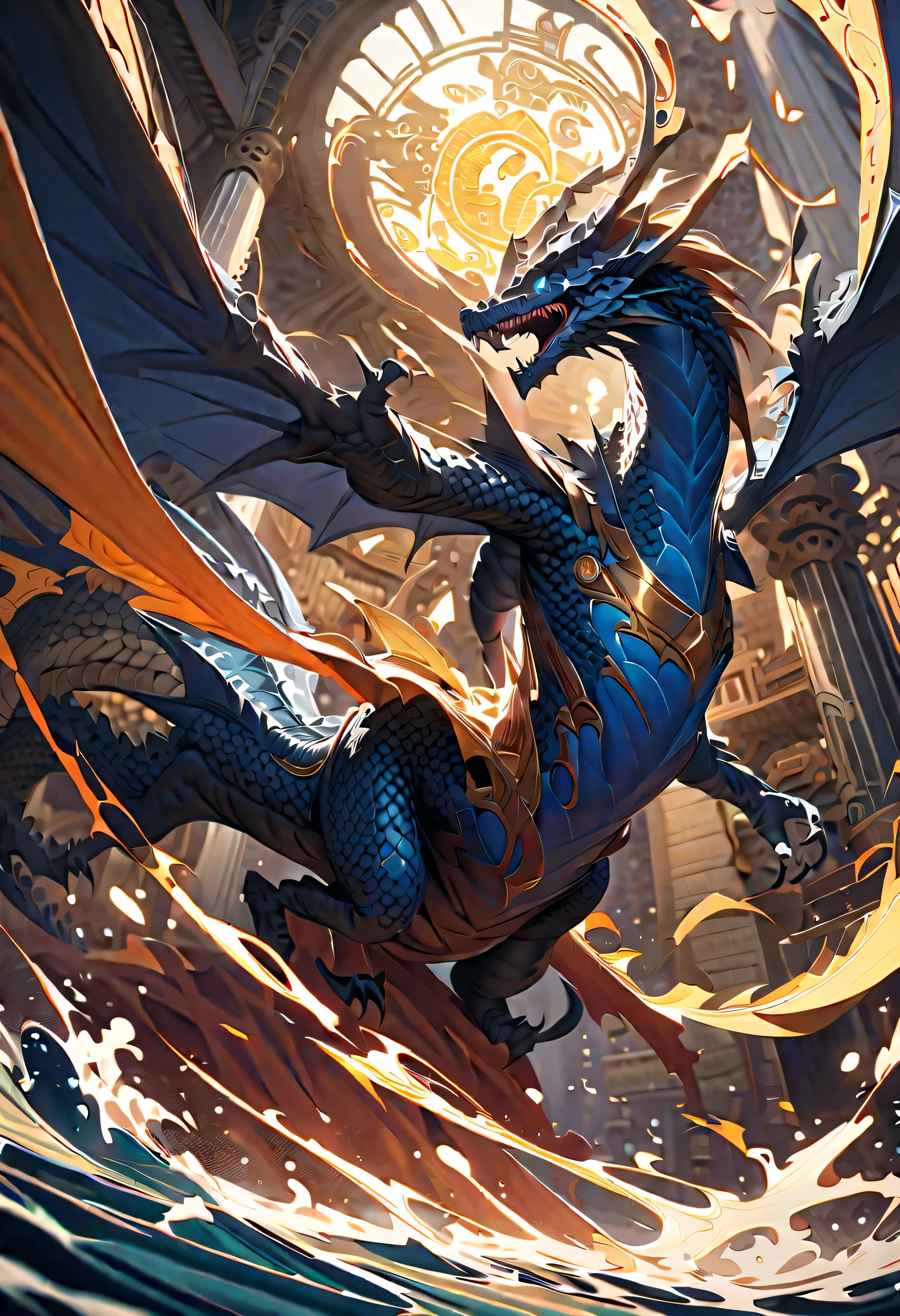 old large dragon breathing animated lightening, on a hero who is holding a shield to protect themselves from the lightening