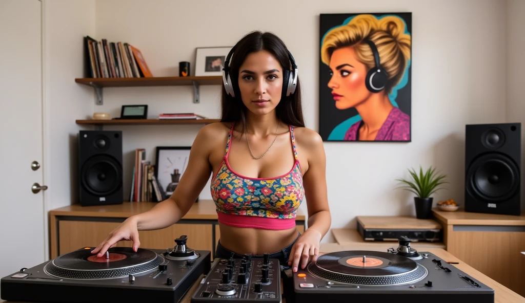 Isabella spins records on two turntables amidst a cozy atmosphere, wearing a vibrant tank top that adds a pop of color to the otherwise neutral space. Philips DJ headphones adorn her ears as she manipulates the vinyl with finesse. In the background, a shelf stacked with records, JBL speakers, and a Warhol-esque portrait of herself create a striking visual focal point on the plain white walls.