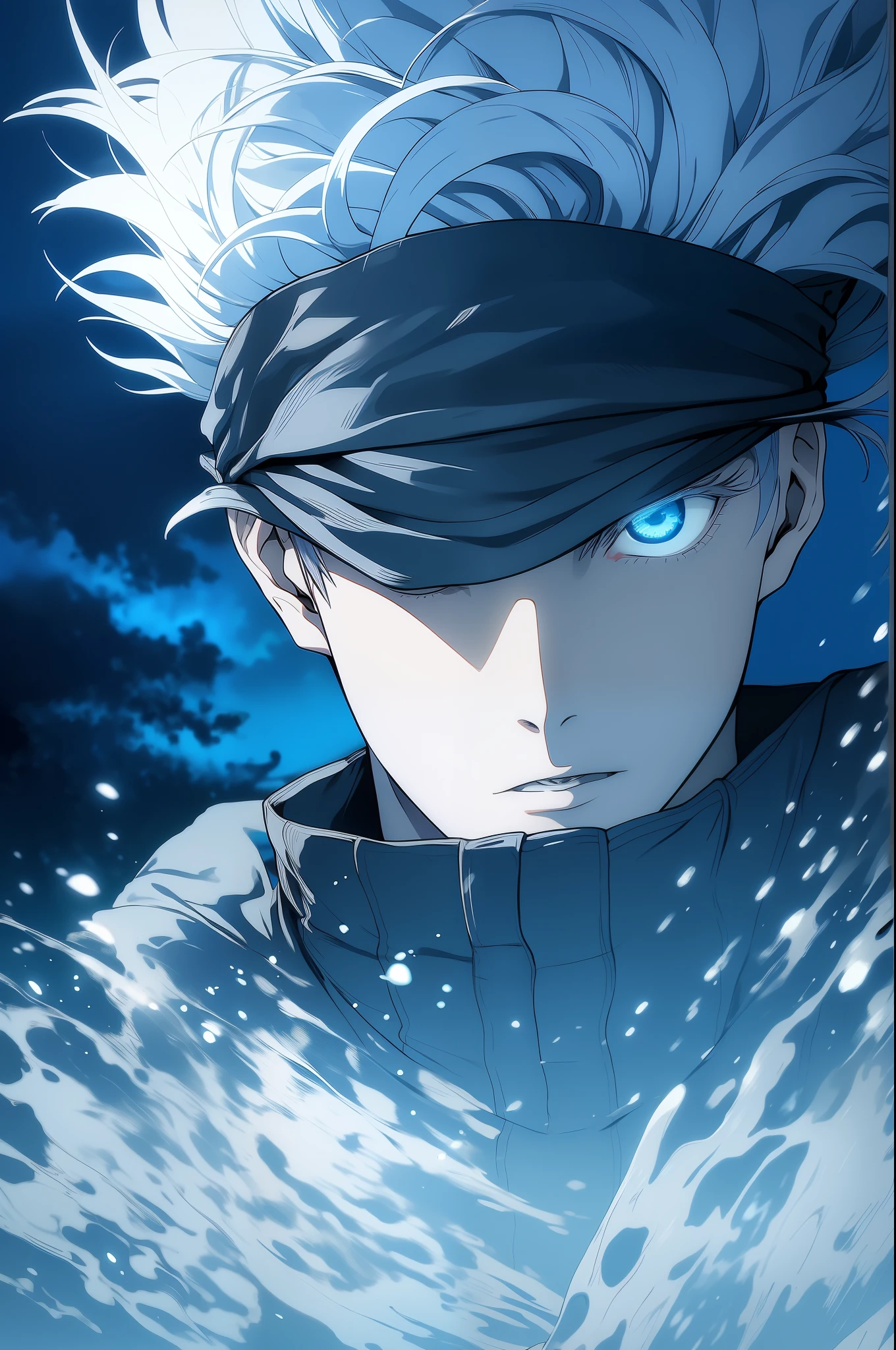 gojou satoru, 1boy, male focus, solo, full body, blue eyes, blindfold, white hair, night, one eye covered, parted lips, high collar, looking at viewer,