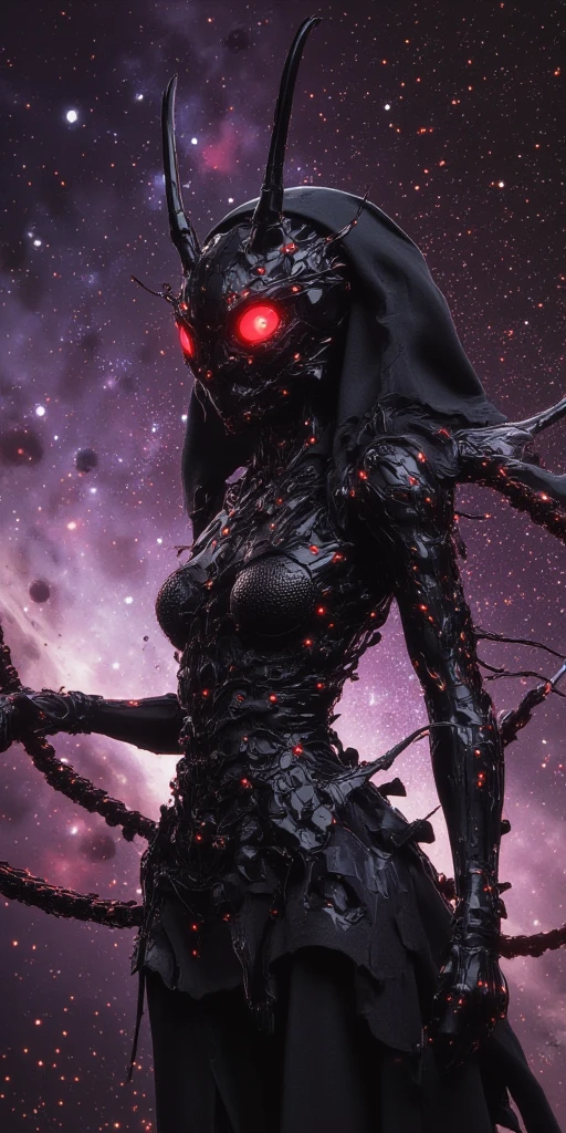 . (beautiful intelligent  anthro queen ant at the center,mad,eyes glowing red). ant body adapted to space-life. so many worker-ants building huge ant nest in beautiful galaxy. beautiful galaxy.