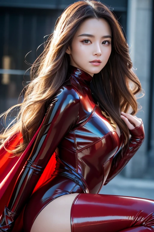 8k resolution, exquisite facial features, perfect face, superman, superhero, star symbol on the chest, cloak on the back, lines on the forehead, a female figure, a beautiful lady, shiny skin, high detail, higher quality, Bishōjo, long golden hair, tight leather clothes, (latex bodysuit), (big breakthroughs)), gym, delicate face, {{illustration}}, {extremely delicate and beautiful}, {exquisite makeup}, {{Girls in red Skin-tight garment}}, super meticulous, (black and red stripes on the clothes), delicate and luminous eyes, red leather clothes, tights, {{movie light}}, street, extreme light effect