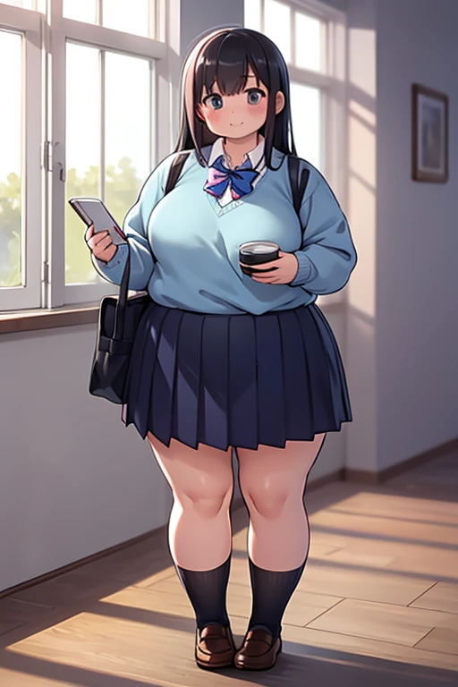  best quality, high school girl, cute,  thick thighs, blue bowtie,  light blue sweater,  collared shirt , 深青の skirt ,  skirt ,  full body,  long dark hair, 8k