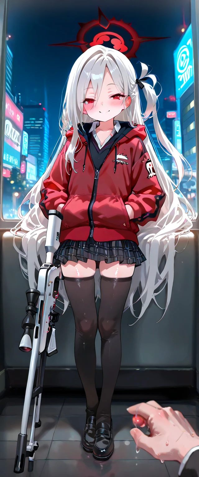 (ray tracing:0.3), (shiny skin),(masterpiece, best quality, amazing quality), perfect composition, 1girl, solo focus, full body, very long silver hair, red eyes, flat chest, black and white halo above head, smile, blush, school uniform, red jacket with a hoodie, black stockings, holding a sniper rifle, in the city