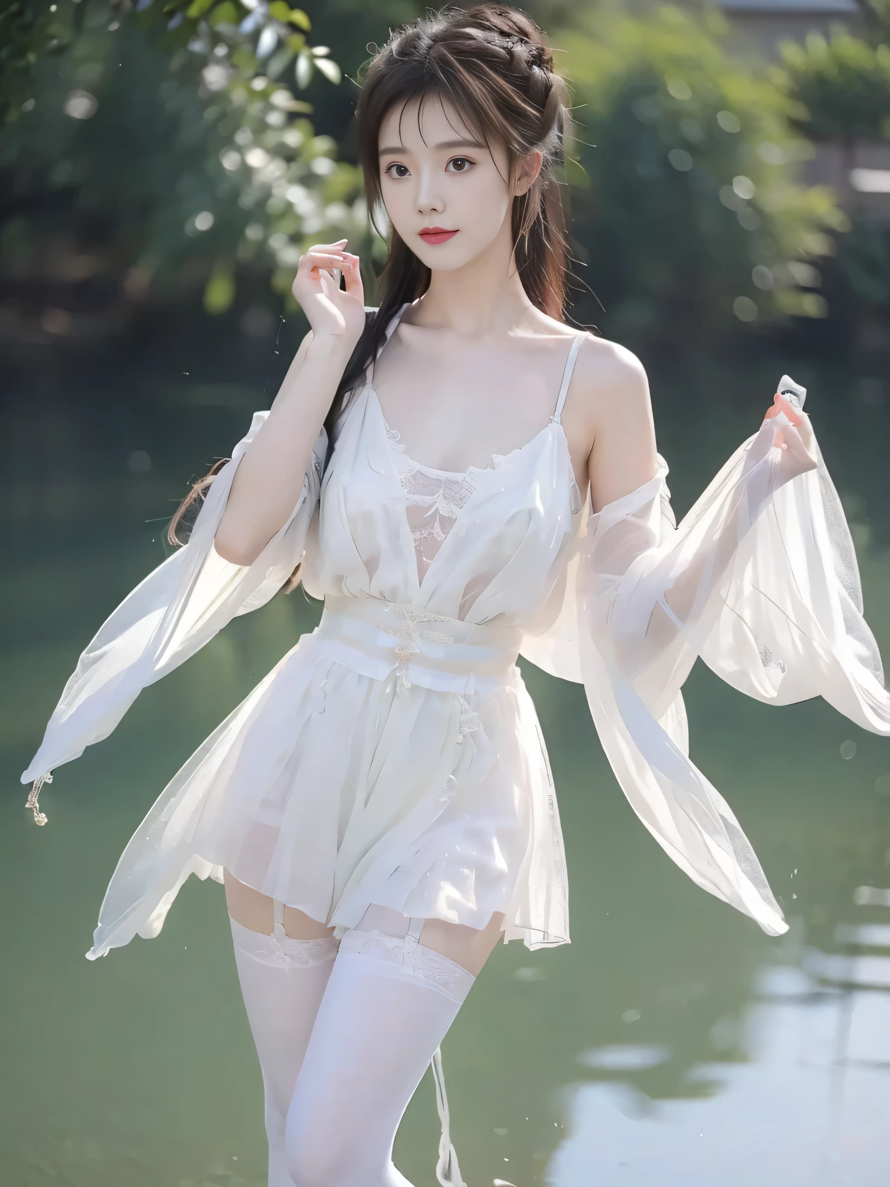  a beautiful Chinese girl，Very full breasts，Full image， raised chest ，Slim waist, plump hips ， white thin stockings， Silver ballet shoes 