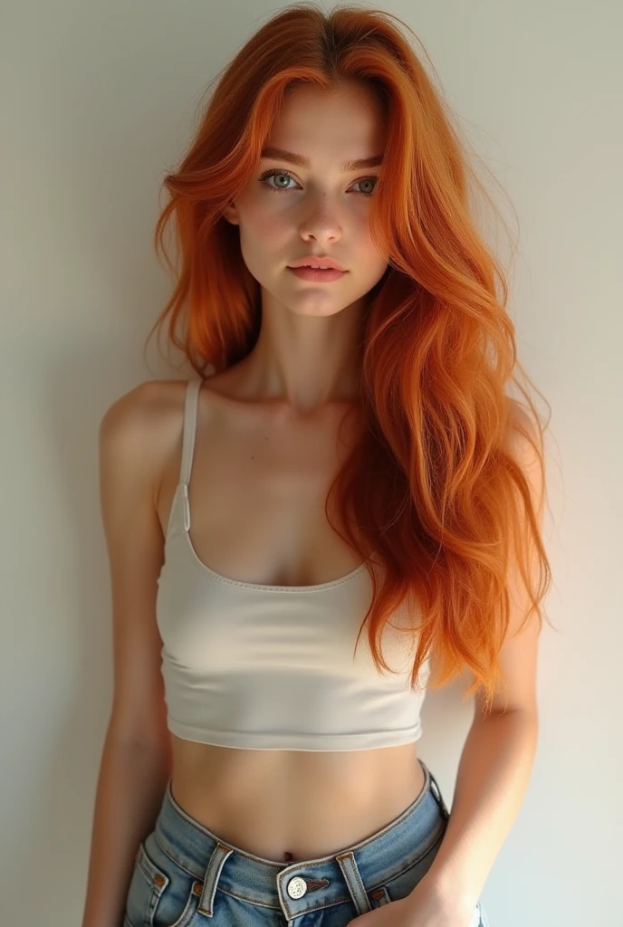 1girl in, age19, Solo, Aesthetic artwork, irish redhead, wavy ginger hair, shoulder length ginger hair, light blue eyes, light grey eyes, some small freckles, pale skin, big breasts, gymnast body, big butt, fullbody shot, imperfect skin, goosebumps, pouting, high quality, High Detail, Sharp focus,(natural light), (seductive), white t-shirt, Realistic, ultra realistic, photo realistic, crazy details, complex details, hyper detailed, delicate face