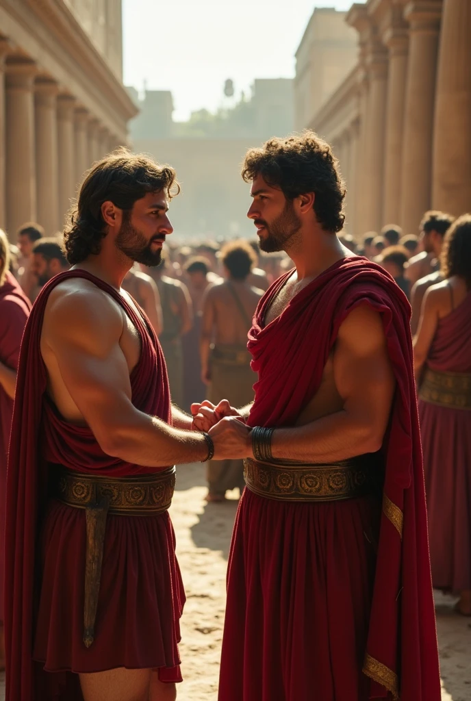 (best quality,highres:1.2),ultra-detailed,realistic:1.37,Two Greek warriors,stripped naked,wrestling furiously,tan skin,hard bodies,erect penises,powerful sexual desires,masculine physique,muscular torsos,engaging in physical combat,expressive facial expressions,sweat dripping from their bodies,body contortions,action-packed scene,exuding strength and power,ancient Greek setting, romantic,vivid colors,richly textured skin,historical accuracy,strong lighting highlighting their bodies,aggressive movements,contrasting muscles,rippling veins, no facial hair,beads of sweat,deep gaze in their eyes