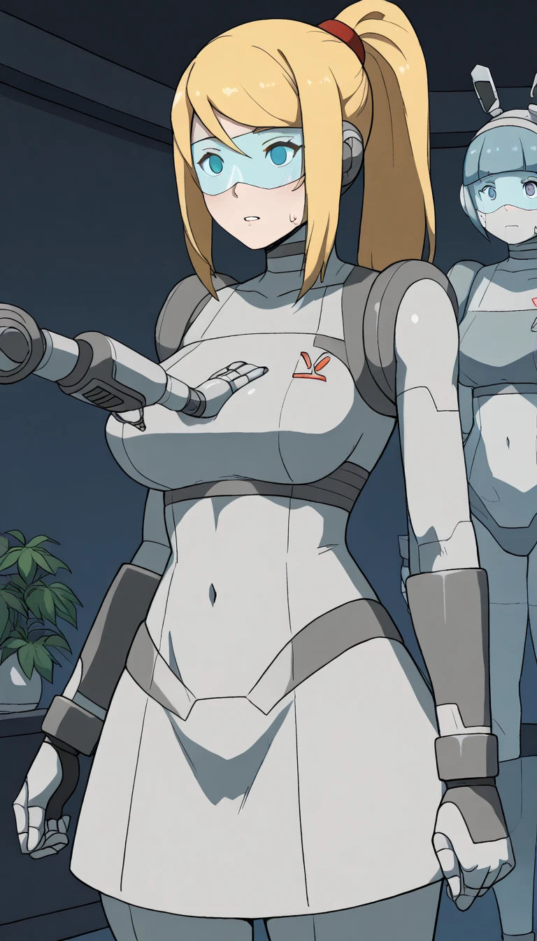 masterpiece, best quality, extremely detailed, (8K, 4K, Best Quality, hight resolution, 超A high resolution:1.1), ,8k portrait, Japaese android Girl,Plump , dark black leg cover,announcer,control panels,android,Droid,Mechanical Hand, Robot arms and legs, Blue Robot Parts,yellow ponytail,Mechanical body,Blunt bangs,perfect mechanical abdomen,blue robotics parts,perfect robot woman,future laboratory,cyber pank,charging spot,laboratory,long tube,thick cable connected her neck,blue ceramic body ,perfect mechanical body, blue robot body,lod antenna,mechanical ear cover,android,robot humanoid,black sponge joints,The removable cover is in the groin,The connection port is in the groin,opened chest panel,access panel on the chest,opened breast panel,perfect mechanical breast,perfect black machine body,perfect black android body,She has repaired,assembly plant,no human skin,visor,mistyrobot,samus aran,dress,malfunction,robot joint,doll joint,robotization,partial robotic,empty eyes,dress,android,approaching,extremely slender figure,more girls,fellatio,yuri,lesbian,licking pussy