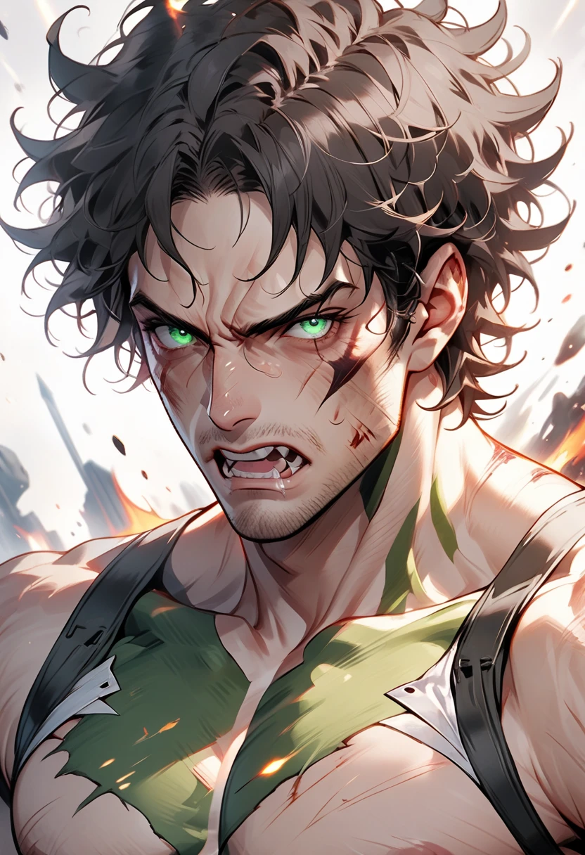 A battered Man, short, disheveled dark hair, They possess intense green eyes that exude rage and betrayal, Tall athletic frame covered in fresh bruises, Cosmic burns mark his skin with ethereal scars, Torn combat gear hangs from his muscular form, Battle-worn face twisted with fury
