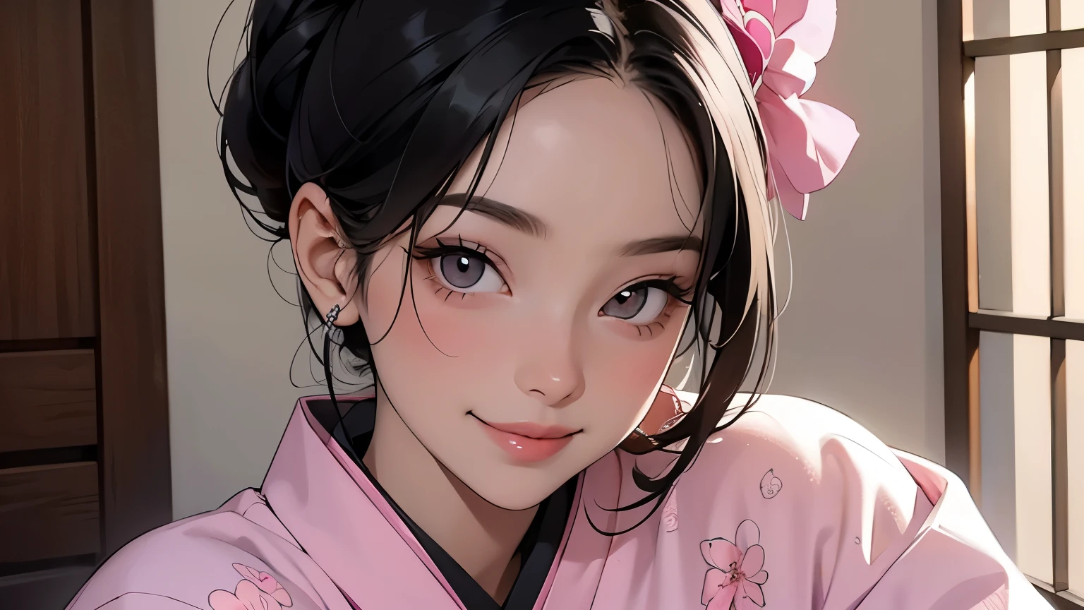 Anime girl in pink kimono with a pink flower in her hair - SeaArt AI