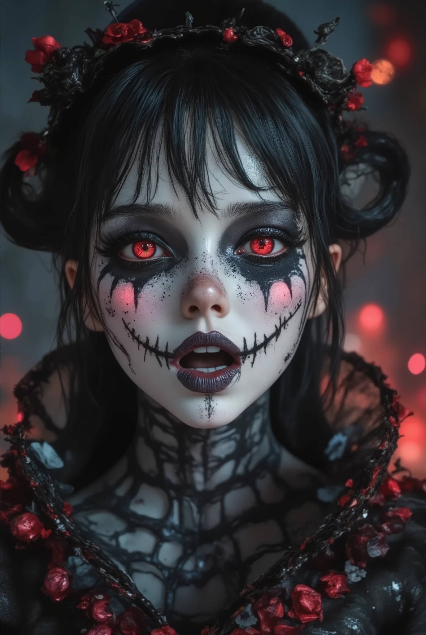 Tim Burton style, Alice in Wonderland. Ugly, (nightmare before Christmas makeup, Face Painting:1.5), high angle close-up shot, 1 girl, Half Japanese and half Korean, ((dark red eyes)), grotesque faces, complete surrealism, Ugly, grotesque faces and figures. Art has an unsettling power. feeling of calm. Creepy pasta, (dark monochrome background) master piece, fabulous background,(minimalism: 1). downtown at night, Ideal body anatomy.