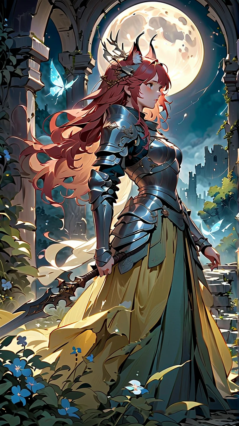 (masterpiece), (best quality:1.4), (perfect anatomy:1.4), high quality, expressive eyes, portrait, detailed face, beautiful face, perfect face, {1 girl}, in her armored knight form, standing amidst the ancient ruins of a faerie stronghold. The ruins are overgrown with twisting vines and moss-covered stones, giving the impression of a forgotten kingdom reclaimed by nature. Rhode stands tall and resolute, clad in her magical armor styled after the Eurasian lynx, with her hazel eyes gleaming with determination. Her fiery red hair cascades in loose waves down her back, contrasting with the muted colors of her surroundings. In one hand, she holds her enchanted Fae blade, its blade shimmering with otherworldly energy. In the other hand, she holds a sprig of wildflowers, symbolizing her connection to the natural world and her role as a protector of the faerie realm. Behind her, the silhouette of a full moon rises in the night sky, casting an ethereal glow over the scene and hinting at the mystical powers that lie dormant within Rhode. As she surveys the ruins with a mix of solemnity and resolve, Rhode's presence exudes strength, grace, and a timeless sense of duty to her people and her homeland.