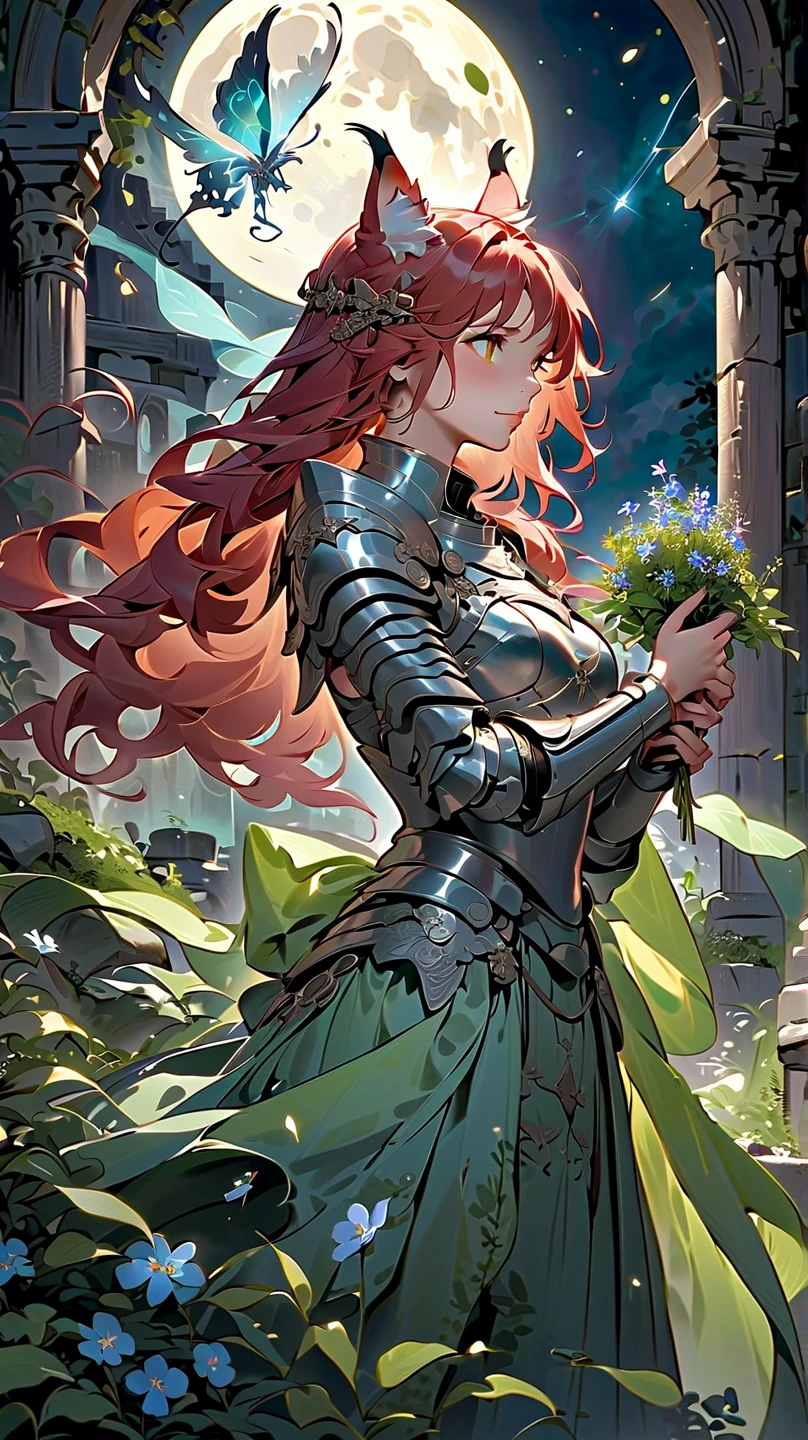 (masterpiece), (best quality:1.4), (perfect anatomy:1.4), high quality, expressive eyes, portrait, detailed face, beautiful face, perfect face, {1 girl}, in her armored knight form, standing amidst the ancient ruins of a faerie stronghold. The ruins are overgrown with twisting vines and moss-covered stones, giving the impression of a forgotten kingdom reclaimed by nature. Rhode stands tall and resolute, clad in her magical armor styled after the Eurasian lynx, with her hazel eyes gleaming with determination. Her fiery red hair cascades in loose waves down her back, contrasting with the muted colors of her surroundings. In one hand, she holds her enchanted Fae blade, its blade shimmering with otherworldly energy. In the other hand, she holds a sprig of wildflowers, symbolizing her connection to the natural world and her role as a protector of the faerie realm. Behind her, the silhouette of a full moon rises in the night sky, casting an ethereal glow over the scene and hinting at the mystical powers that lie dormant within Rhode. As she surveys the ruins with a mix of solemnity and resolve, Rhode's presence exudes strength, grace, and a timeless sense of duty to her people and her homeland.