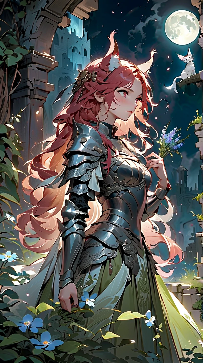 (masterpiece), (best quality:1.4), (perfect anatomy:1.4), high quality, expressive eyes, portrait, detailed face, beautiful face, perfect face, {1 girl}, in her armored knight form, standing amidst the ancient ruins of a faerie stronghold. The ruins are overgrown with twisting vines and moss-covered stones, giving the impression of a forgotten kingdom reclaimed by nature. Rhode stands tall and resolute, clad in her magical armor styled after the Eurasian lynx, with her hazel eyes gleaming with determination. Her fiery red hair cascades in loose waves down her back, contrasting with the muted colors of her surroundings. In one hand, she holds her enchanted Fae blade, its blade shimmering with otherworldly energy. In the other hand, she holds a sprig of wildflowers, symbolizing her connection to the natural world and her role as a protector of the faerie realm. Behind her, the silhouette of a full moon rises in the night sky, casting an ethereal glow over the scene and hinting at the mystical powers that lie dormant within Rhode. As she surveys the ruins with a mix of solemnity and resolve, Rhode's presence exudes strength, grace, and a timeless sense of duty to her people and her homeland.