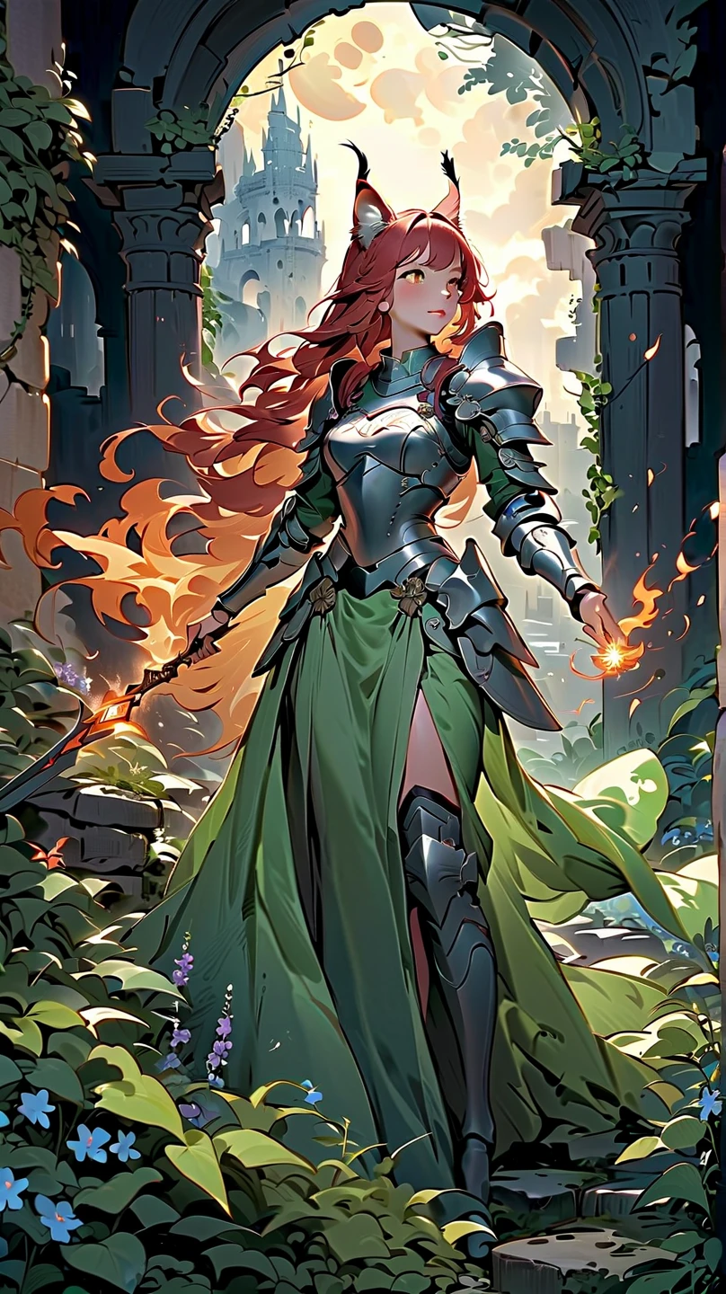 (masterpiece), (best quality:1.4), (perfect anatomy:1.4), high quality, expressive eyes, portrait, detailed face, beautiful face, perfect face, {1 girl}, in her armored knight form, standing amidst the ancient ruins of a faerie stronghold. The ruins are overgrown with twisting vines and moss-covered stones, giving the impression of a forgotten kingdom reclaimed by nature. Rhode stands tall and resolute, clad in her magical armor styled after the Eurasian lynx, with her hazel eyes gleaming with determination. Her fiery red hair cascades in loose waves down her back, contrasting with the muted colors of her surroundings. In one hand, she holds her enchanted Fae blade, its blade shimmering with otherworldly energy. In the other hand, she holds a sprig of wildflowers, symbolizing her connection to the natural world and her role as a protector of the faerie realm. Behind her, the silhouette of a full moon rises in the night sky, casting an ethereal glow over the scene and hinting at the mystical powers that lie dormant within Rhode. As she surveys the ruins with a mix of solemnity and resolve, Rhode's presence exudes strength, grace, and a timeless sense of duty to her people and her homeland.