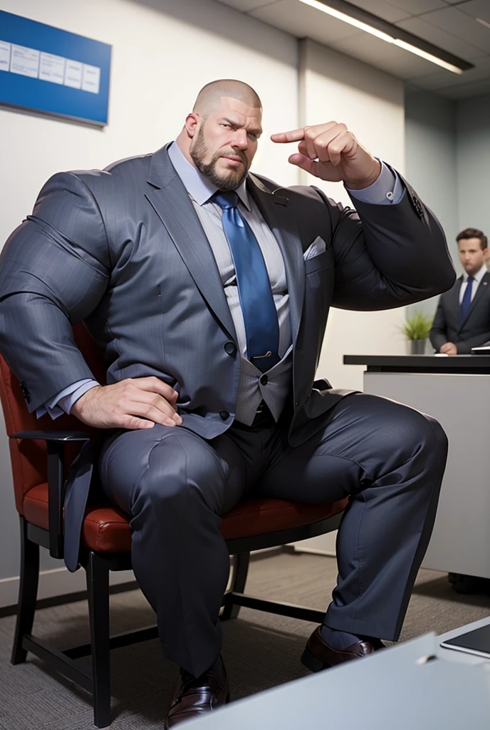 Big giant body builder men wearing unbuttoned blue and white suit in office on chair 
