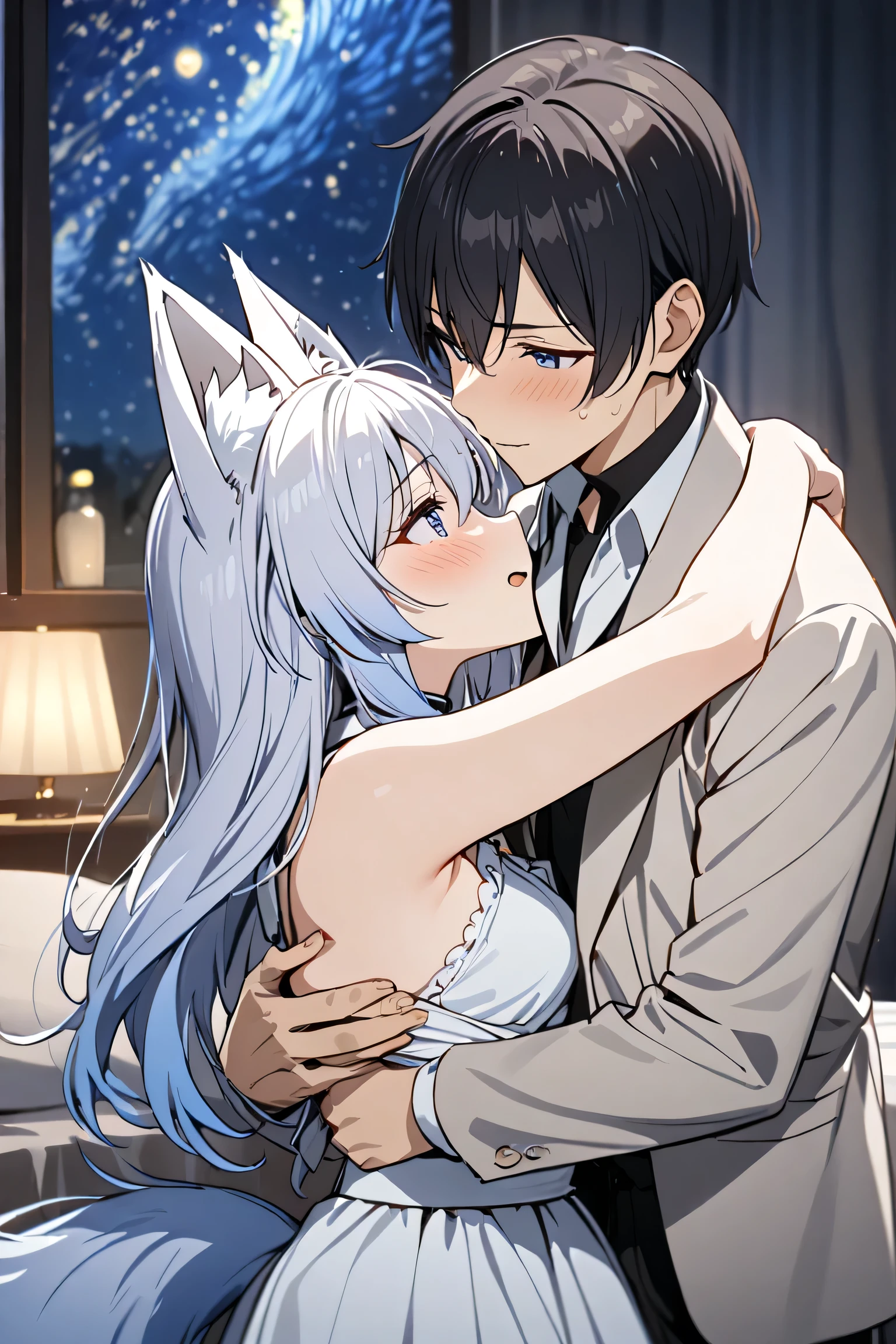 1 girl and 1 boy, romance, love, serenity, starry night, intimacy, excitement, passion, surprise, memorable moment, dreamy, reserved, embrace, whispers, eternity, highres, ultra detailed, best quality, masterpiece, girl with fox ears, fox tail, white hair, maid, boy with black hair without fox ears, human boy. Boy biting the girl's fox ears, embarrassed girl, boy holding the girl's waist, bed, chica de cabello largo,