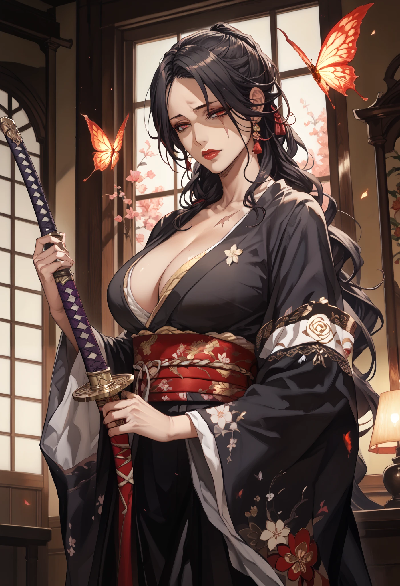 score_9, score_8_up, score_7_up, score_6_up, score_5_up, score_4_up, source anime,((masterpiece,best quality,high detailed)),from below、(  mature woman :1.4)、Poisonous woman  、Japanese-style room,　Unohana_guess,Scar Face, scar,red eyes, black hair, black hair, (very long hair, straight hair, forehead,),black kimono,red butterfly,(Detailed vibrant kimonos , Highly detailed embroidery:1.3), haori, long sleeves, wide sleeves, expressionless, narrowed eyes,  expressionless, narrowed eyes, collarbone, cleavage,
large breasts, lips, red lips, androgynous, shaded face, holding weapon, katana, dynamic pose, moody, epic, gorgeous, film grain, grainy,Horror,moody lighting,ArsMJStyle, dnddarkestfantasy