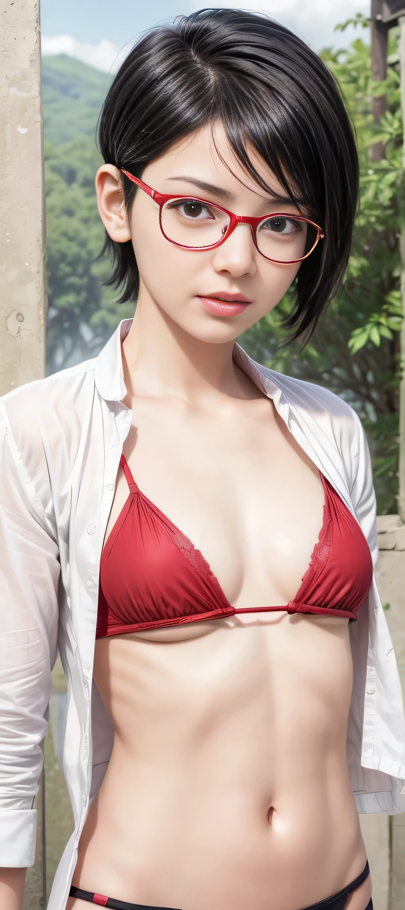 masterpiece, best quality, (realistic,photo-realistic:1.4), (RAW photo:1.2), extremely detailed CG unity 8k wallpaper, delicate and beautiful, amazing,finely detail, official art, absurdres, incredibly absurdres, huge filesize, ultra-detailed,extremely detailed eyes and face,light on face,(little smile),(black hair:1.4),(wearing open clothes:1.4),(undercut hair:1.7),nature,sarada uchiha ,(wearing red framed glasses:1.4),(nature background:1.4), (small breast:1.4),red bikini,(wearing white shirt:1.5)