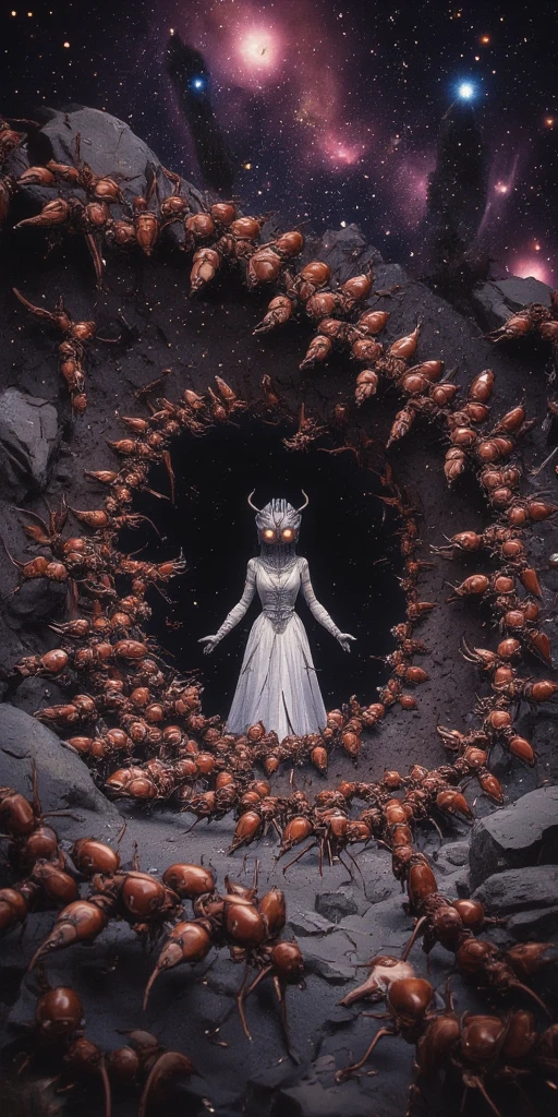 huge ant nest in beautiful galaxy. (beautiful intelligent queen anthro ant at the center,mad,eyes glowing). ant body adapted to space-life. so many worker-ants follow the queen. beautiful galaxy.