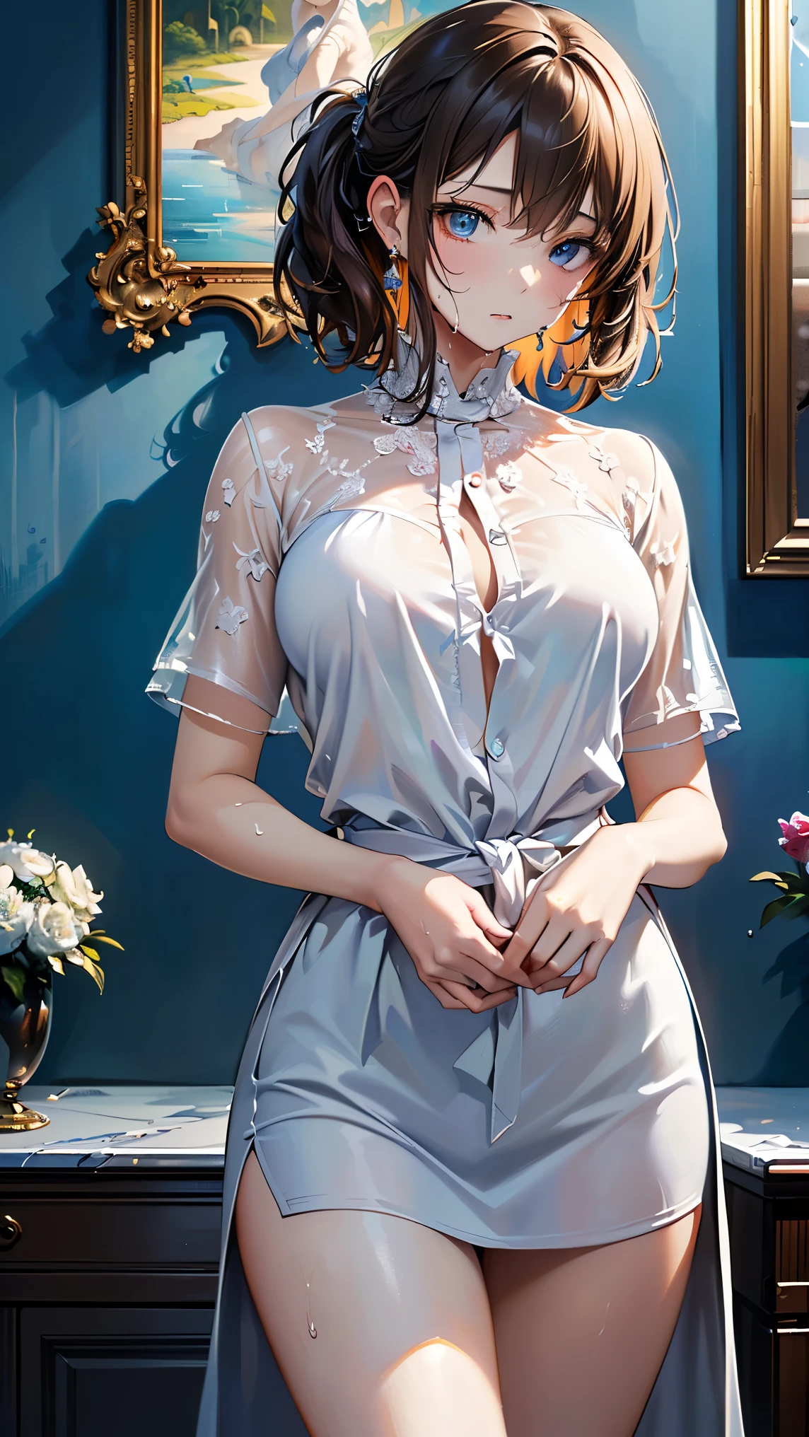 (( top quality)),( ultra high definition),( more details),( detailed explanation ),(( best CG )),( BEST WORK OF ART ), Ultra Precision Art, amazing painting art,(Exquisite art:1.5), woman,  wet shirt,