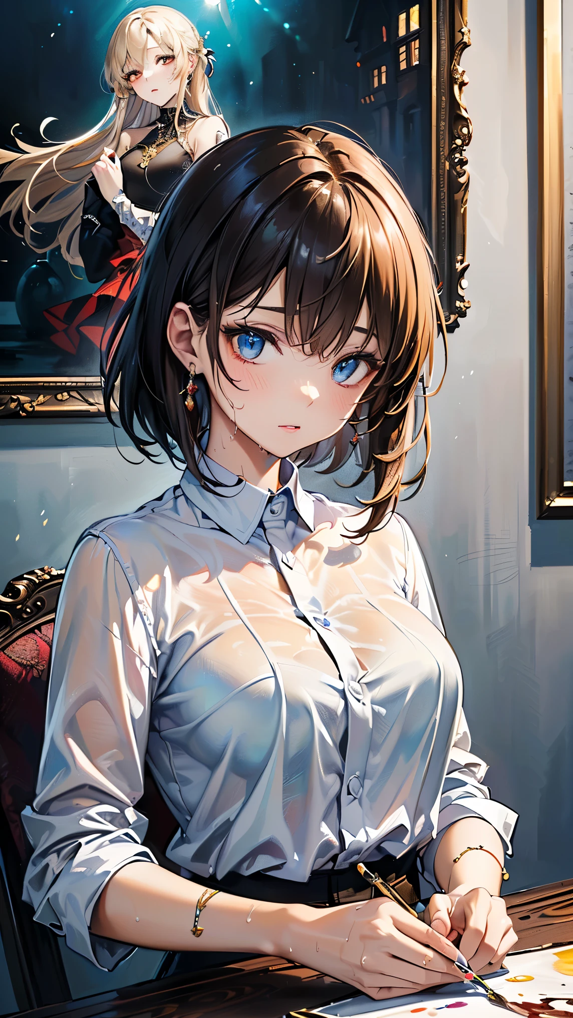 (( top quality)),( ultra high definition),( more details),( detailed explanation ),(( best CG )),( BEST WORK OF ART ), Ultra Precision Art, amazing painting art,(Exquisite art:1.5), woman,  wet shirt,