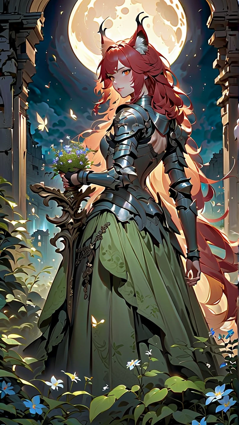 (masterpiece), (best quality:1.4), (perfect anatomy:1.4), high quality, expressive eyes, portrait, detailed face, beautiful face, perfect face, {1 girl}, in her armored knight form, standing amidst the ancient ruins of a faerie stronghold. The ruins are overgrown with twisting vines and moss-covered stones, giving the impression of a forgotten kingdom reclaimed by nature. Rhode stands tall and resolute, clad in her magical armor styled after the Eurasian lynx, with her hazel eyes gleaming with determination. Her fiery red hair cascades in loose waves down her back, contrasting with the muted colors of her surroundings. In one hand, she holds her enchanted Fae blade, its blade shimmering with otherworldly energy. In the other hand, she holds a sprig of wildflowers, symbolizing her connection to the natural world and her role as a protector of the faerie realm. Behind her, the silhouette of a full moon rises in the night sky, casting an ethereal glow over the scene and hinting at the mystical powers that lie dormant within Rhode. As she surveys the ruins with a mix of solemnity and resolve, Rhode's presence exudes strength, grace, and a timeless sense of duty to her people and her homeland.