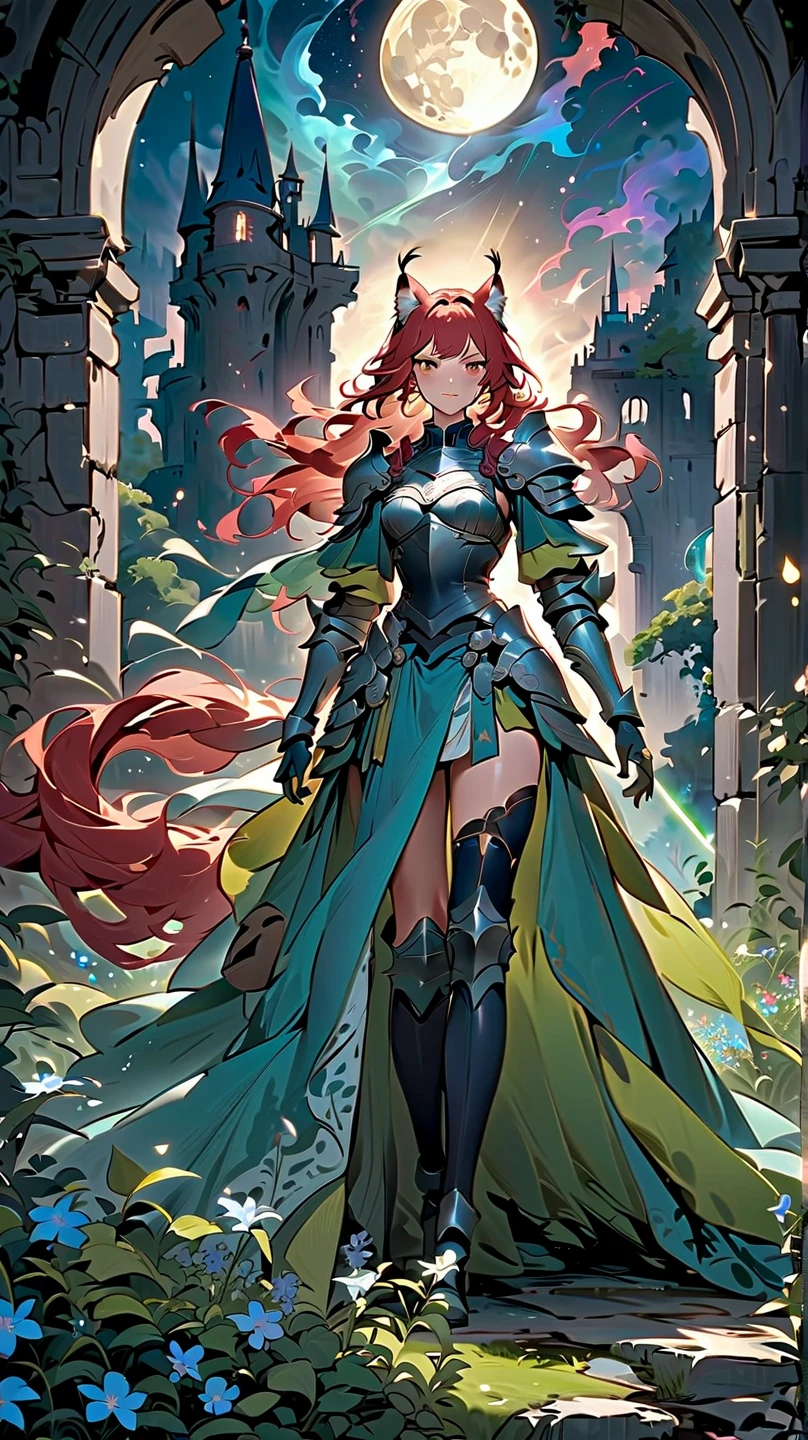 (masterpiece), (best quality:1.4), (perfect anatomy:1.4), high quality, expressive eyes, portrait, detailed face, beautiful face, perfect face, {1 girl}, in her armored knight form, standing amidst the ancient ruins of a faerie stronghold. The ruins are overgrown with twisting vines and moss-covered stones, giving the impression of a forgotten kingdom reclaimed by nature. Rhode stands tall and resolute, clad in her magical armor styled after the Eurasian lynx, with her hazel eyes gleaming with determination. Her fiery red hair cascades in loose waves down her back, contrasting with the muted colors of her surroundings. In one hand, she holds her enchanted Fae blade, its blade shimmering with otherworldly energy. In the other hand, she holds a sprig of wildflowers, symbolizing her connection to the natural world and her role as a protector of the faerie realm. Behind her, the silhouette of a full moon rises in the night sky, casting an ethereal glow over the scene and hinting at the mystical powers that lie dormant within Rhode. As she surveys the ruins with a mix of solemnity and resolve, Rhode's presence exudes strength, grace, and a timeless sense of duty to her people and her homeland.