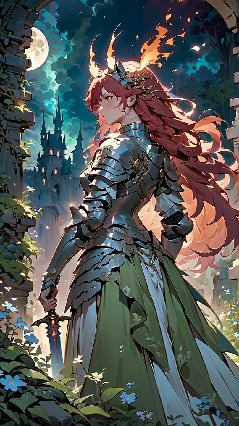 (masterpiece), (best quality:1.4), (perfect anatomy:1.4), high quality, expressive eyes, portrait, detailed face, beautiful face, perfect face, {1 girl}, in her armored knight form, standing amidst the ancient ruins of a faerie stronghold. The ruins are overgrown with twisting vines and moss-covered stones, giving the impression of a forgotten kingdom reclaimed by nature. Rhode stands tall and resolute, clad in her magical armor styled after the Eurasian lynx, with her hazel eyes gleaming with determination. Her fiery red hair cascades in loose waves down her back, contrasting with the muted colors of her surroundings. In one hand, she holds her enchanted Fae blade, its blade shimmering with otherworldly energy. In the other hand, she holds a sprig of wildflowers, symbolizing her connection to the natural world and her role as a protector of the faerie realm. Behind her, the silhouette of a full moon rises in the night sky, casting an ethereal glow over the scene and hinting at the mystical powers that lie dormant within Rhode. As she surveys the ruins with a mix of solemnity and resolve, Rhode's presence exudes strength, grace, and a timeless sense of duty to her people and her homeland.