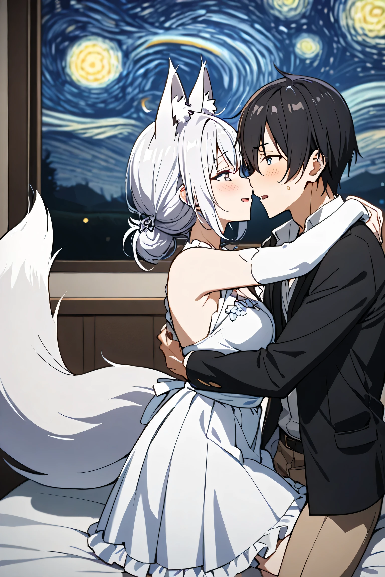 1 girl and 1 boy, romance, love, serenity, starry night, intimacy, excitement, passion, surprise, memorable moment, dreamy, reserved, embrace, whispers, eternity, highres, ultra detailed, best quality, masterpiece, girl with fox ears, fox tail, white hair, maid, boy with black hair without fox ears, human boy. Boy biting the girl's fox ears, embarrassed girl, boy holding the girl's waist, bed, chica de cabello largo,