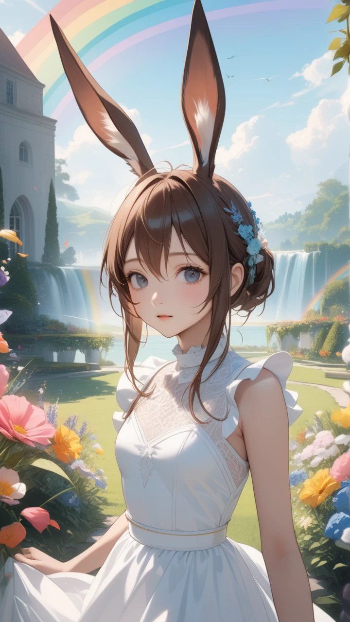  1 girl, Amiya \( Arknights \),white dress, Rainbow,  Bunny Ears ,  upper body,Outdoors, garden, flower,  on the lawn,  is looking, (Masterpiece), ( top quality), ( ultra detail to attract small breasts ),  So Aesthetic,  illustration,   perfect composition  , Moist Skin,  intricate details,  mysterious in another dimension, fantasy,