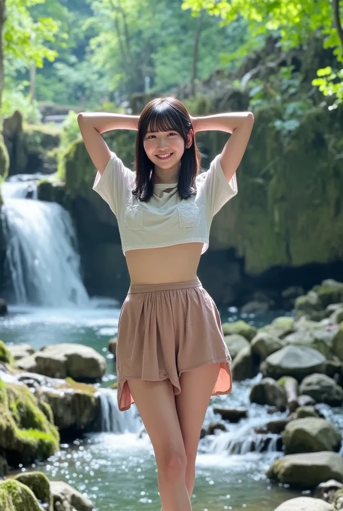 (standing, open legs out, arms behind head, armpits, contrappost, on), Japanese girl, late teenage, (best quality), (ultra detailed), from front, nude, (waterfalls, clear streams, on), (in summer, on), natural lighting, (slender, muscular, small breasts, on)