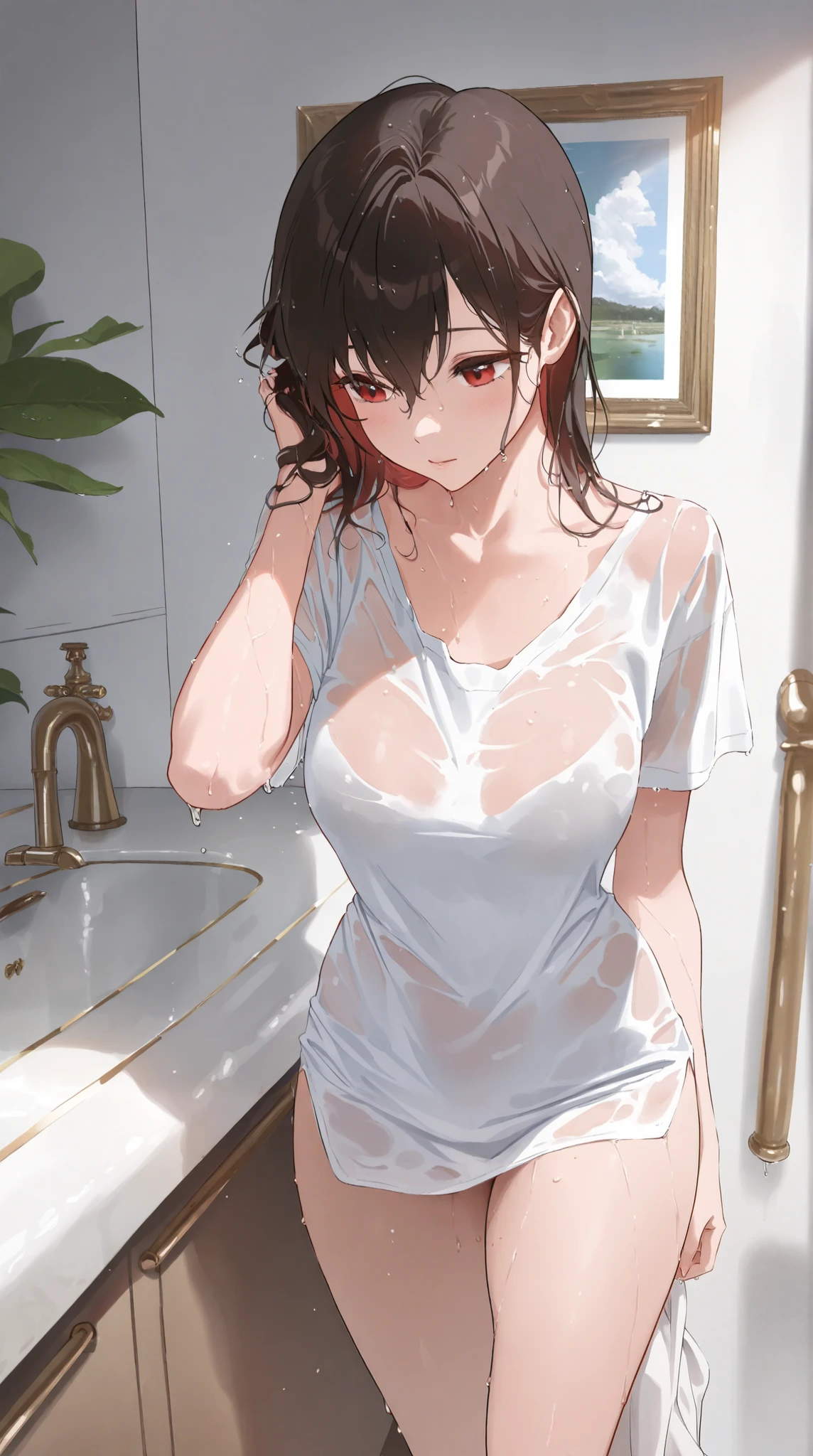 Perfect anatomy, masterpiece, best quality, (textured skin: 1.3), (super detail: 1.4), (high quality: 1.4), 1080p, UHD, 16k, dense skin, 1 girl, Japan person, Japan 17 year old girl, tight underwear, exposed panties, tight bra, satin underwear, wet underwear, clear skin, clean skin, Beautiful girl with a sense of transparency, medium height, round eyes, big eyes, brown eyes, almond-shaped eyes, small nose, thin lips, open mouth, black hair, (medium hair: 1.4), short ponytail, (bangs: 1.5), thin chest plate, thin pelvis, no constriction, torso, small buttocks, knee-high socks, bare feet , mischievous smile, love hotel bathroom, front light, cinematic light, night, small, ((squatting, wide open legs, sexy pose)), cowboy shot, nudity, lotion on the body, sweat, ((crotch is wet, lotion is dripping from panties, lotion is dripping from crotch)), underhair, camel claw