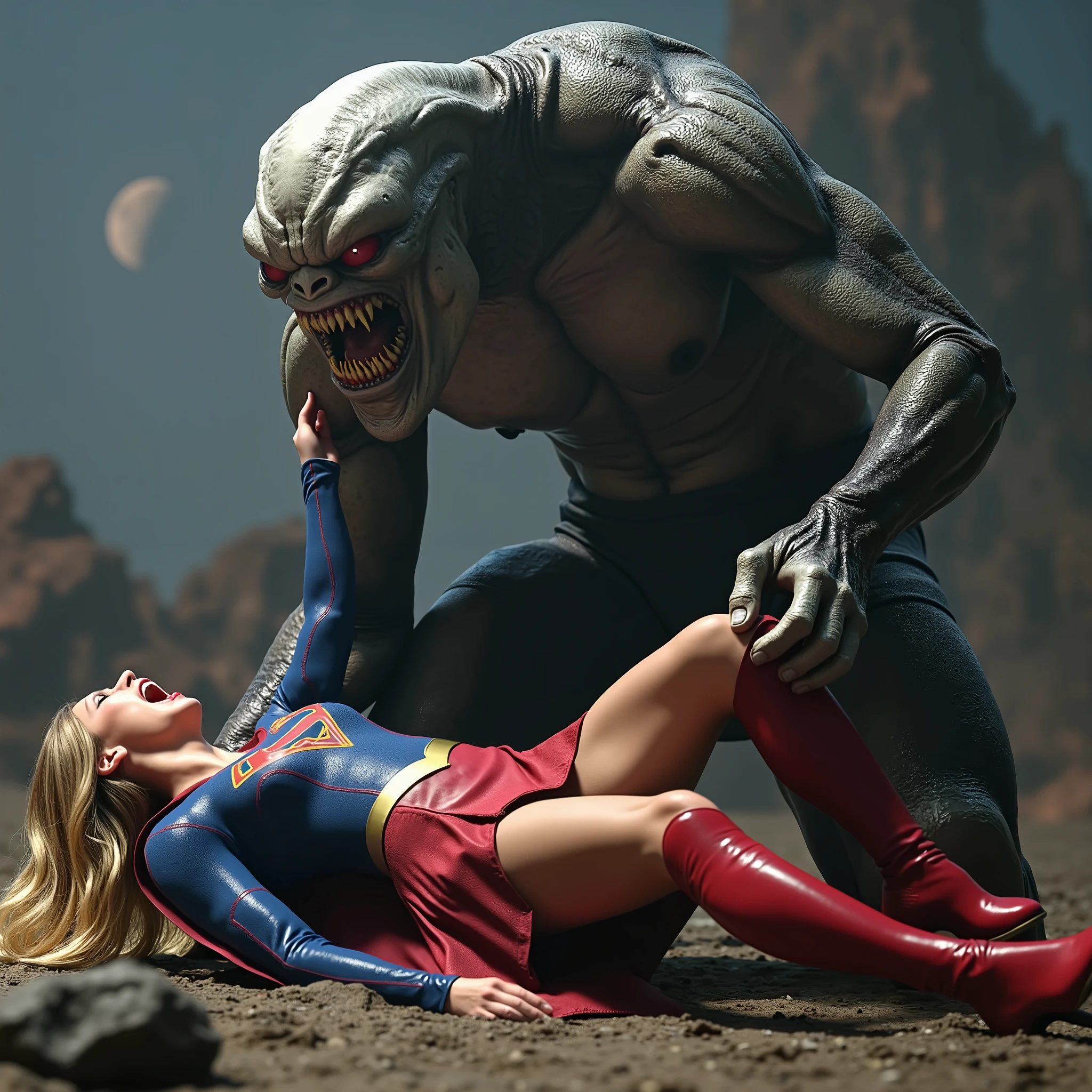 Supergirl is fighting with a big alien monster, very bright white skin, can see whole body, She is wearing a thin black pantyhose, short red leather fabric skirt, red knee height long boots, blonde hair, lighting green collar on her neck, She is screaming in pain, seriously injured, painful, a huge body fierce Alien Monster hold and carry Supergirl body, the Alien Monster seize her body tightly and bite her neck, photorealistic, hyper realistic, night time on the Mar with moon lighting,