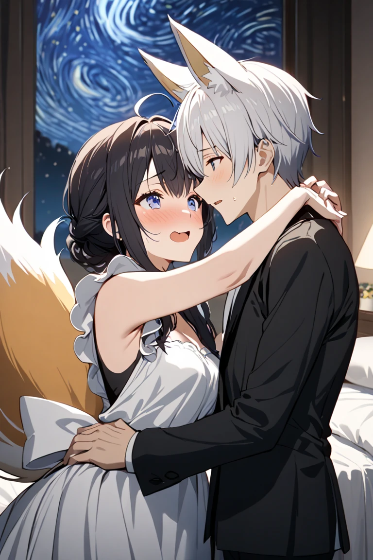 1 girl and 1 boy, romance, love, serenity, starry night, intimacy, excitement, passion, surprise, memorable moment, dreamy, reserved, embrace, whispers, eternity, highres, ultra detailed, best quality, masterpiece, girl with fox ears, fox tail, white hair, maid, boy with black hair without fox ears, human boy. Boy biting the girl's fox ears, embarrassed girl, boy holding the girl's waist, bed, chica de cabello largo,