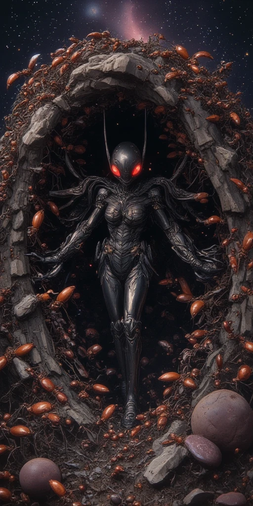 huge ant nest expanding in beautiful galaxy. (beautiful intelligent  anthro queen ant at the center,mad,eyes glowing red). ant body adapted to space-life. so many worker-ants follow the queen. beautiful galaxy.