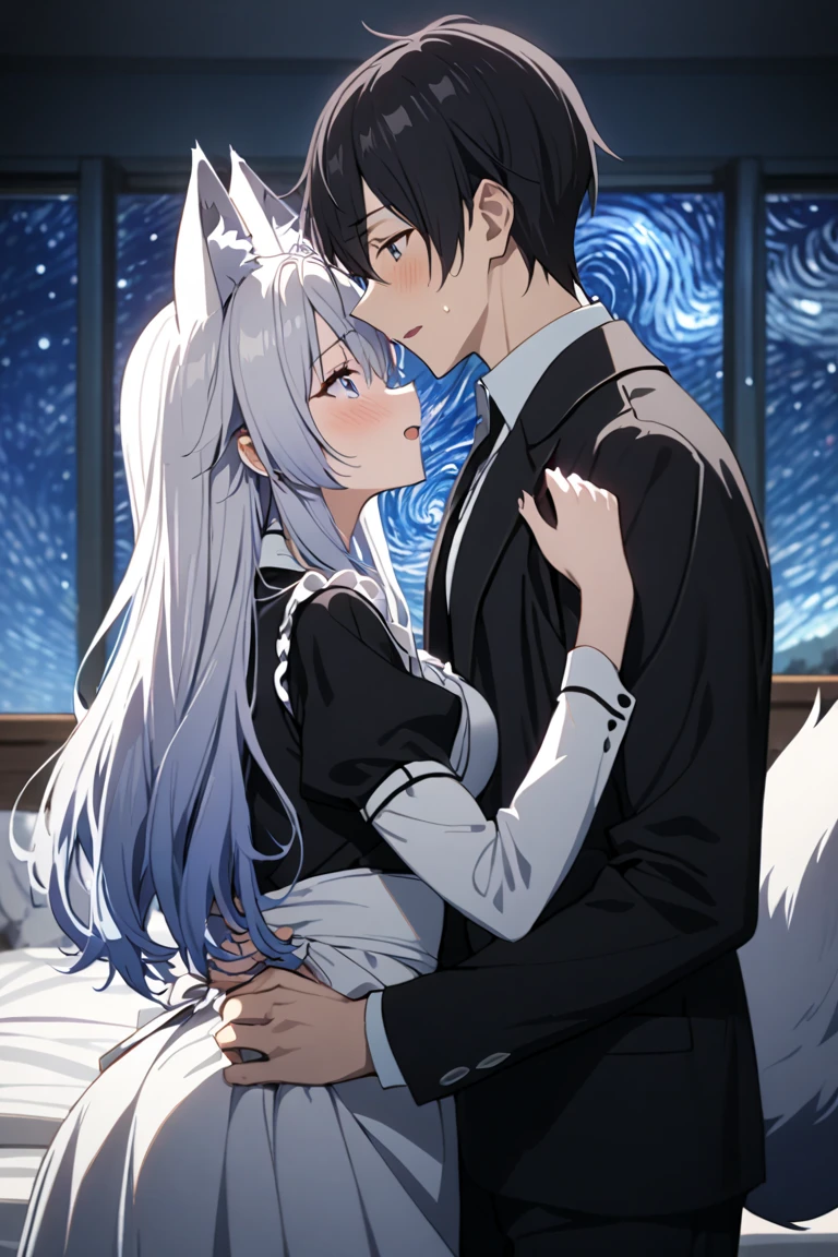 1 girl and 1 boy, romance, love, serenity, starry night, intimacy, excitement, passion, surprise, memorable moment, dreamy, reserved, embrace, whispers, eternity, highres, ultra detailed, best quality, masterpiece, girl with fox ears, fox tail, white hair, maid, boy with black hair without fox ears, human boy. Boy biting the girl's fox ears, embarrassed girl, boy holding the girl's waist, bed, chica de cabello largo,