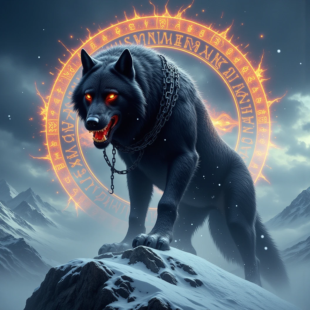 Ginormous black wolf sits like a guard at the peak of a snow covered mountain, looking over a snowfilled valley. Facing viewer. The wolf snarling and his eyes are fiery. His pelt is scarred and his body is wrapped in chains. A blizzard wails around him, blowing his thick black fur. Snow falling fast and being blown around. Fiery Viking runes appear in the sky behind him. The name "Cajun Fenrir" sketched in fiery letters between the runes in the sky. Dynamic movement, dynamic posing, High Resolution, Masterpiece, Cinematic, Depth Of Field, Image Fill, Floating particles 