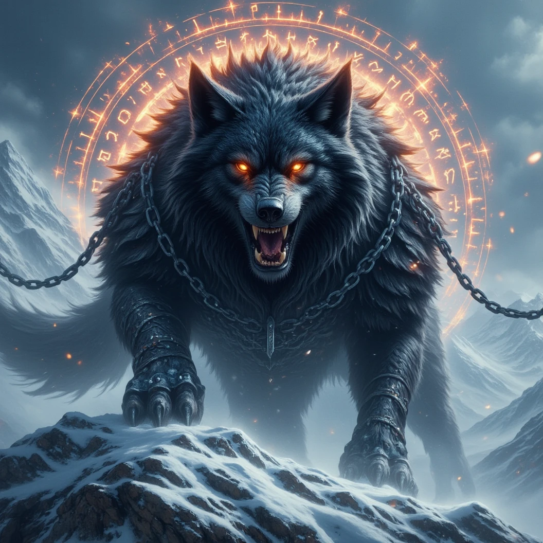 Ginormous black wolf sits like a guard at the peak of a snow covered mountain, looking over a snowfilled valley. Facing viewer. The wolf snarling and his eyes are fiery. His pelt is scarred and his body is wrapped in chains. A blizzard wails around him, blowing his thick black fur. Snow falling fast and being blown around. Fiery Viking runes appear in the sky behind him. The name "Cajun Fenrir" sketched in fiery letters between the runes in the sky. Dynamic movement, dynamic posing, High Resolution, Masterpiece, Cinematic, Depth Of Field, Image Fill, Floating particles 