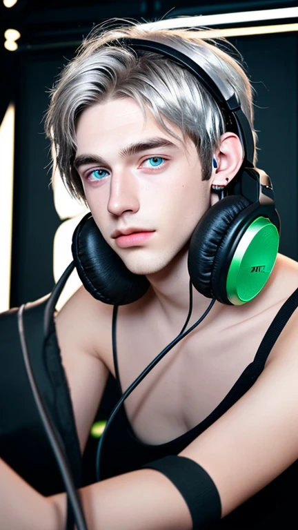 27 years old, American male, short silver hair, dark green eyes, wearing professional headphones, wild vibe, cool. He is a musician and recording in a music studio.