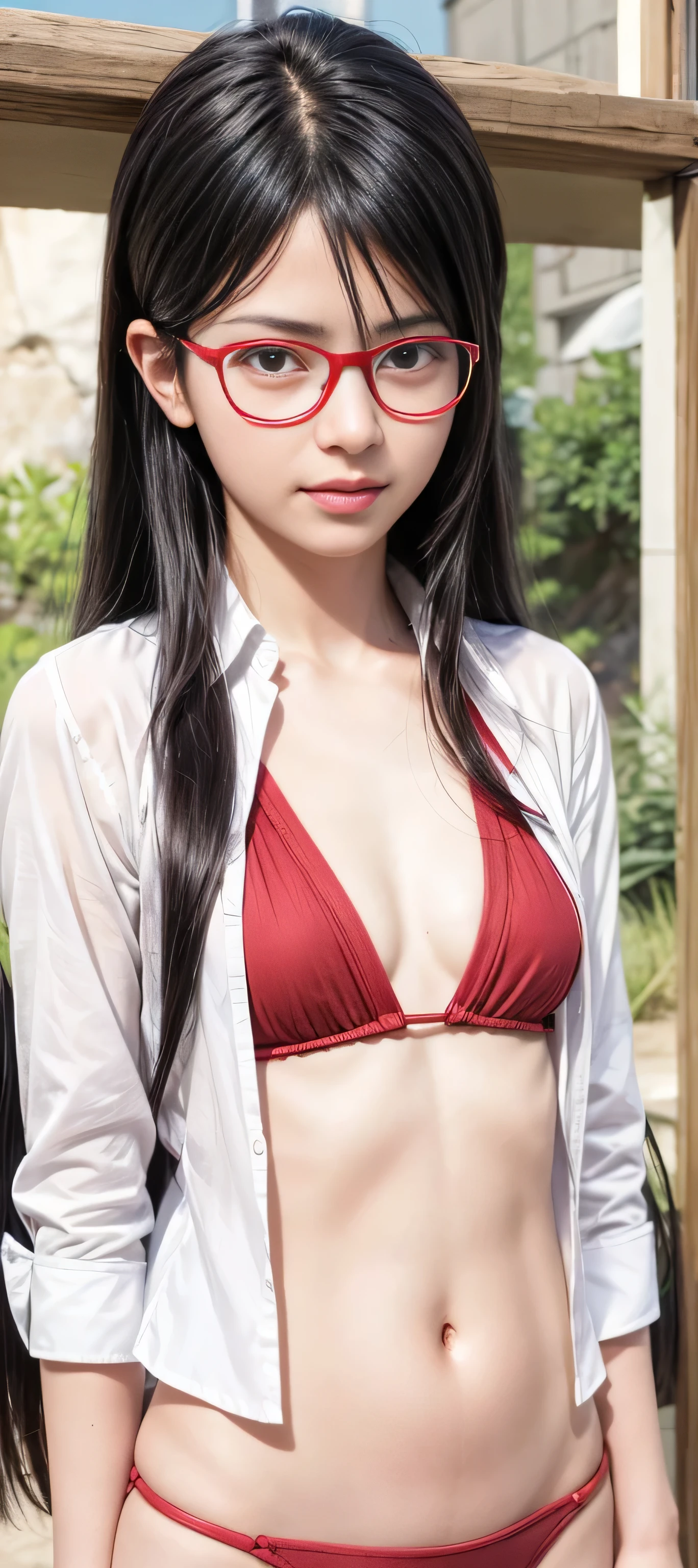 masterpiece, best quality, (realistic,photo-realistic:1.4), (RAW photo:1.2), extremely detailed CG unity 8k wallpaper, delicate and beautiful, amazing,finely detail, official art, absurdres, incredibly absurdres, huge filesize, ultra-detailed,extremely detailed eyes and face,light on face,(little smile),(black hair:1.4),(wearing open clothes:1.4),(very long hair:1.4),nature,sarada uchiha ,(wearing red framed glasses:1.4),(nature background:1.4), (small breast:1.4),red bikini,(wearing white shirt:1.5) , twintails