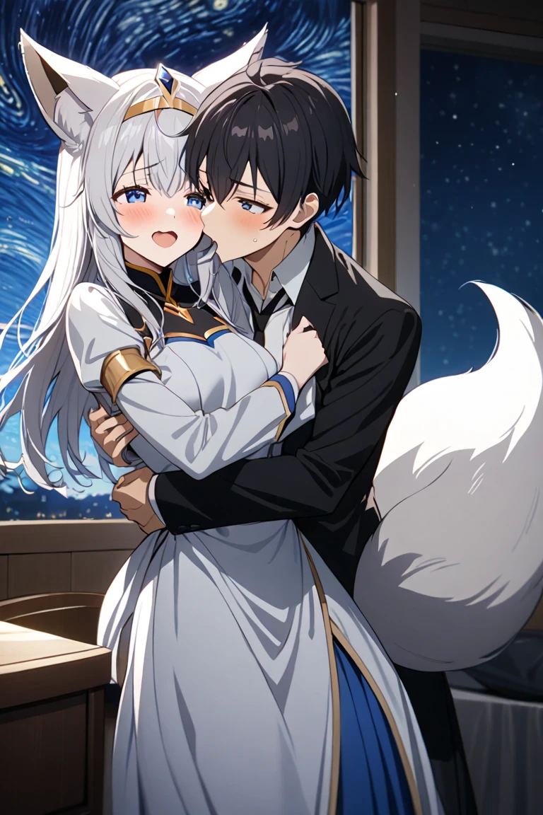 1 girl and 1 boy, romance, love, serenity, starry night, intimacy, excitement, passion, surprise, memorable moment, dreamy, reserved, embrace, whispers, eternity, highres, ultra detailed, best quality, masterpiece, girl with fox ears, fox tail, white hair, maid, boy with black hair without fox ears, human boy. Boy biting the girl's fox ears, embarrassed girl, boy holding the girl's waist, bed, chica de cabello largo, priestess,