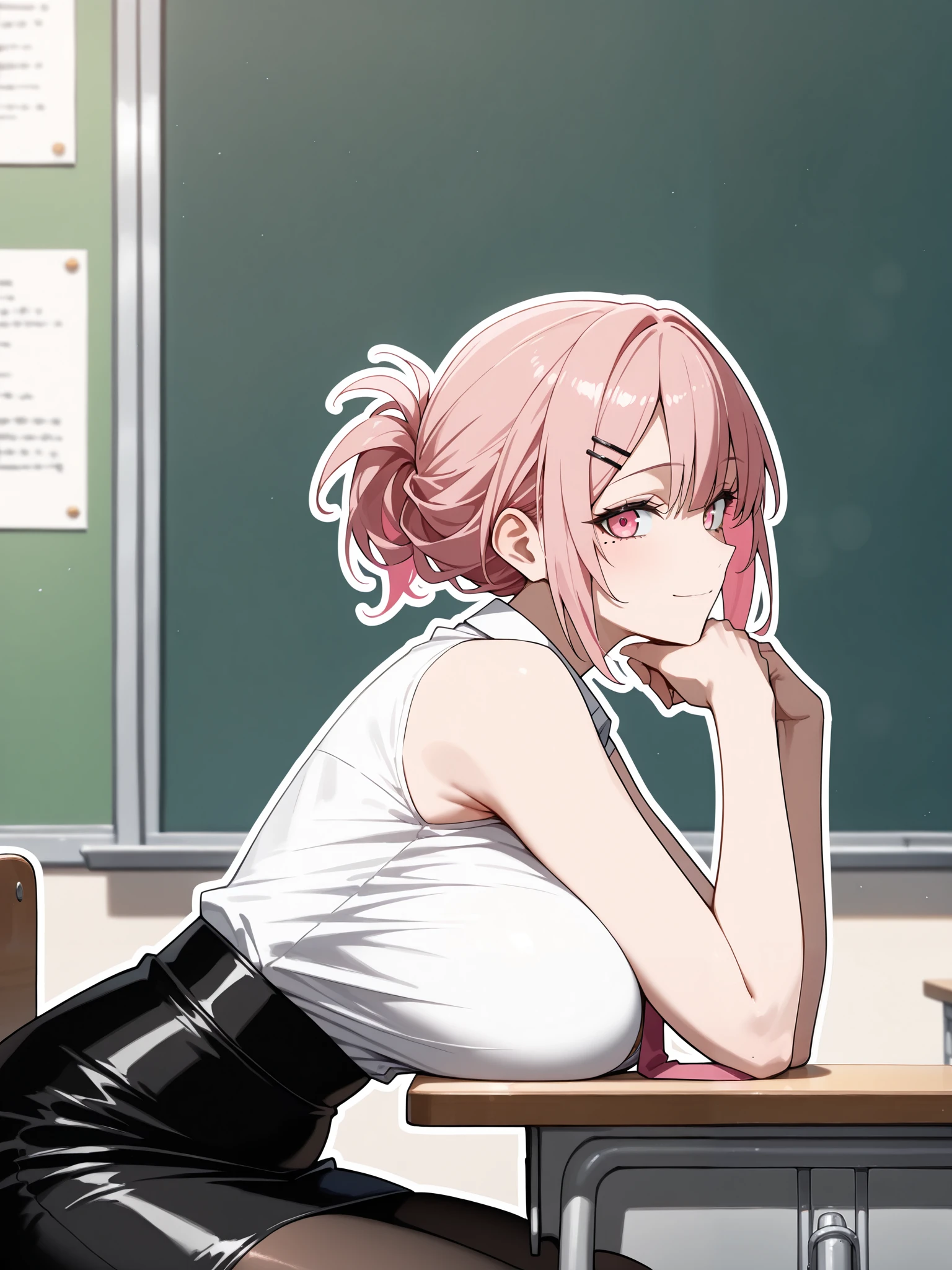 (masterpiece, high resolution, 2k resolution, best quality), (1woman, perfect anatomy, perfect face), ((pink hair), short hair, triangle hair clip), (pink eyes, perfect eyes), white button shirt, pink tie, Tube skirt, Knee length pantyhose), Narrow shoulders, ((sitting, looking foward, side view, Arms on the table, one hand under the chin, propped up, classroom, people on the background), (flushed, light smile, mole under eye), (solo, 1girl), huge body, massive chest, mature woman, (white outline, 6px outline width), (Hands joined on front), (Half Ponytail, loose hair)
