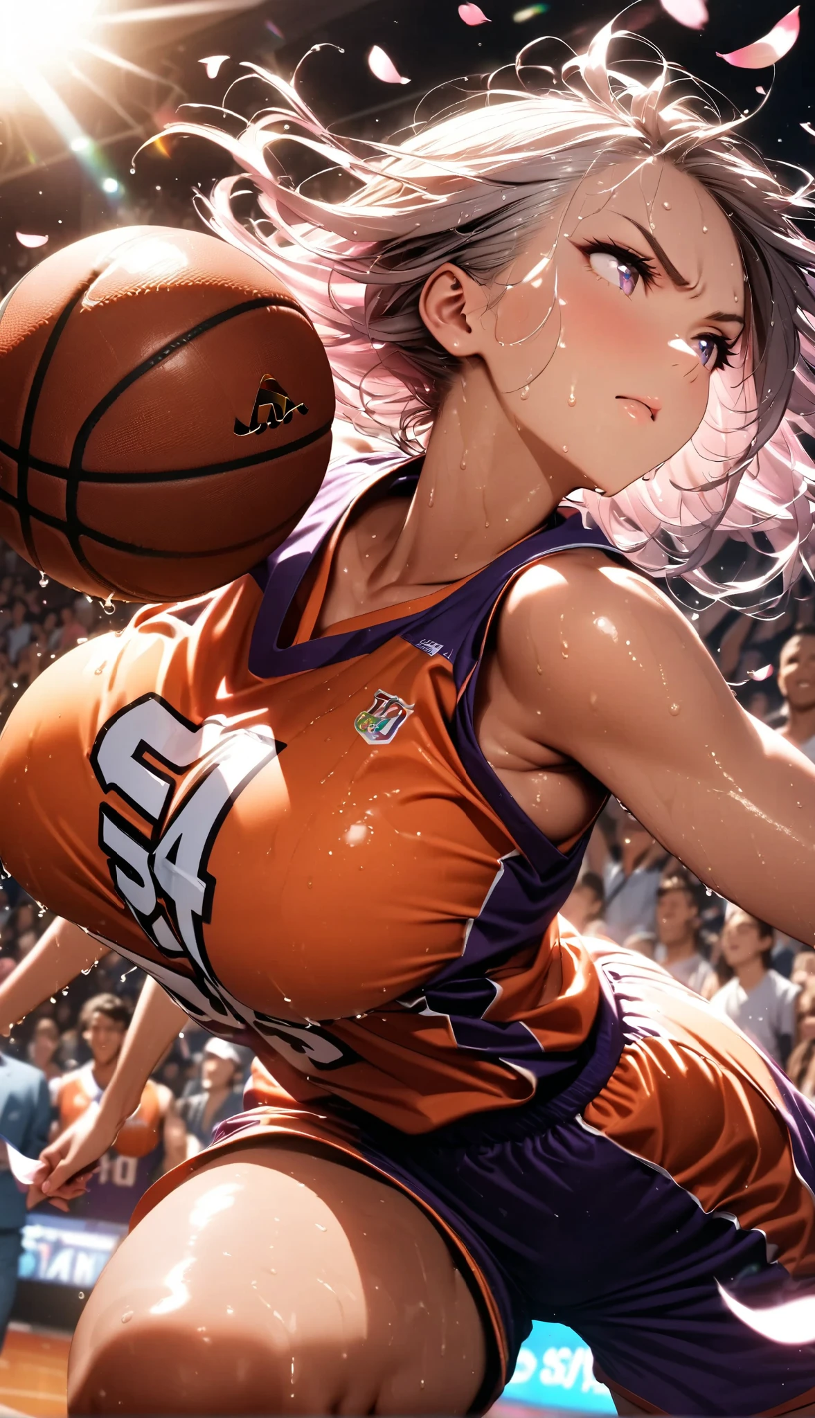 (Sports magazine cover photo), Highest quality, Great quality, 16K, Unbelievably absurd, Very detailed, delicate and dynamic, Natural light, The particles reflect light, Diffuse reflection of light, Many rainbow-colored petals fall, Beautiful street, Sparkling Sun, Diffuse reflection of light, Create amazing image effects, , Wet, sweating, Basketball Game, receive, Close-up(Cute sexy girl, big bouncing busts, Sensual expression, Cool girl, Serious, passion, Dynamic, Flashy Basketball uniform, ,audience , much-air-laden cheer)