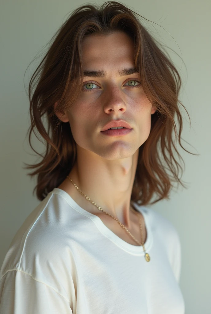 Boy, Olive brownish skin, Italian descendants, living in England as immigrant though, cute, beautiful, strikingly attractive, green eyes and intense, soft pink lips naturally shaped, long, mid-length wavy brown hair cascaded with gentle curls, slender build and delicate features gave him a somewhat feminine appearance, very cute nose, quiet, mysterious, shy, a man, , skinny body yet sexy, wearing a cute white sweater, jean that’s really nice and cozy for winter. Young looking, young, skinny arms