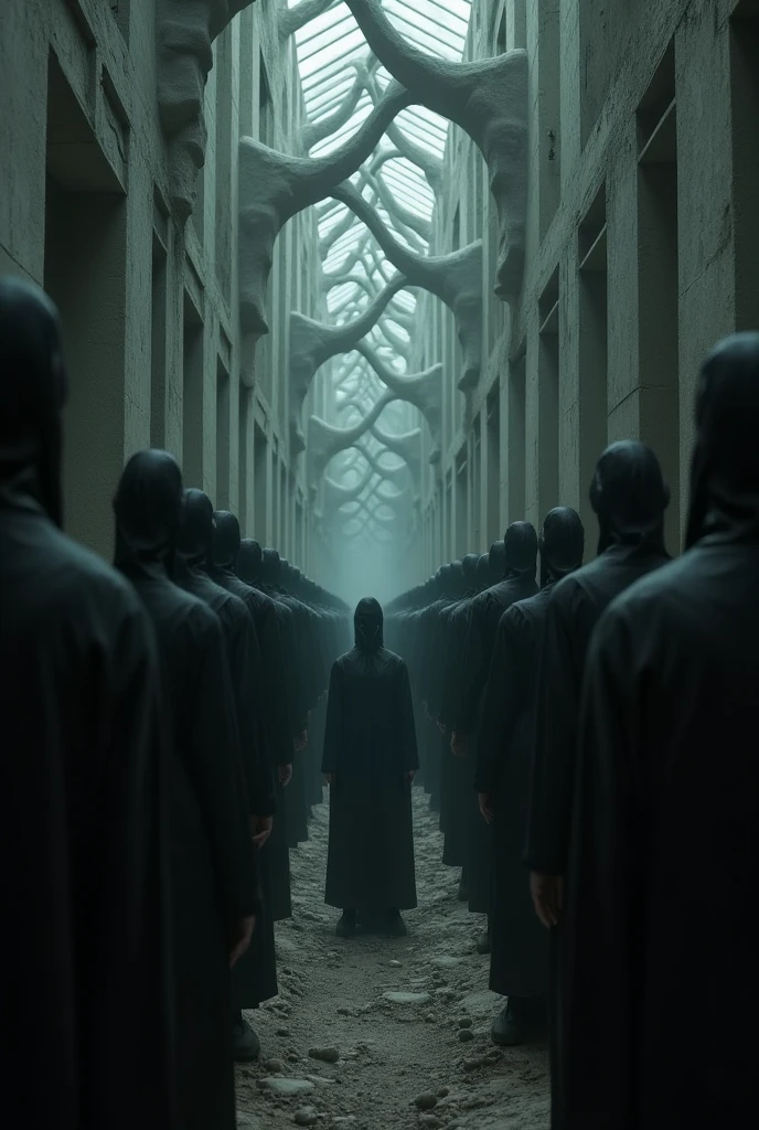 Endless corridor, horror, corridor made of humans, humans standing with back turned, black clothes