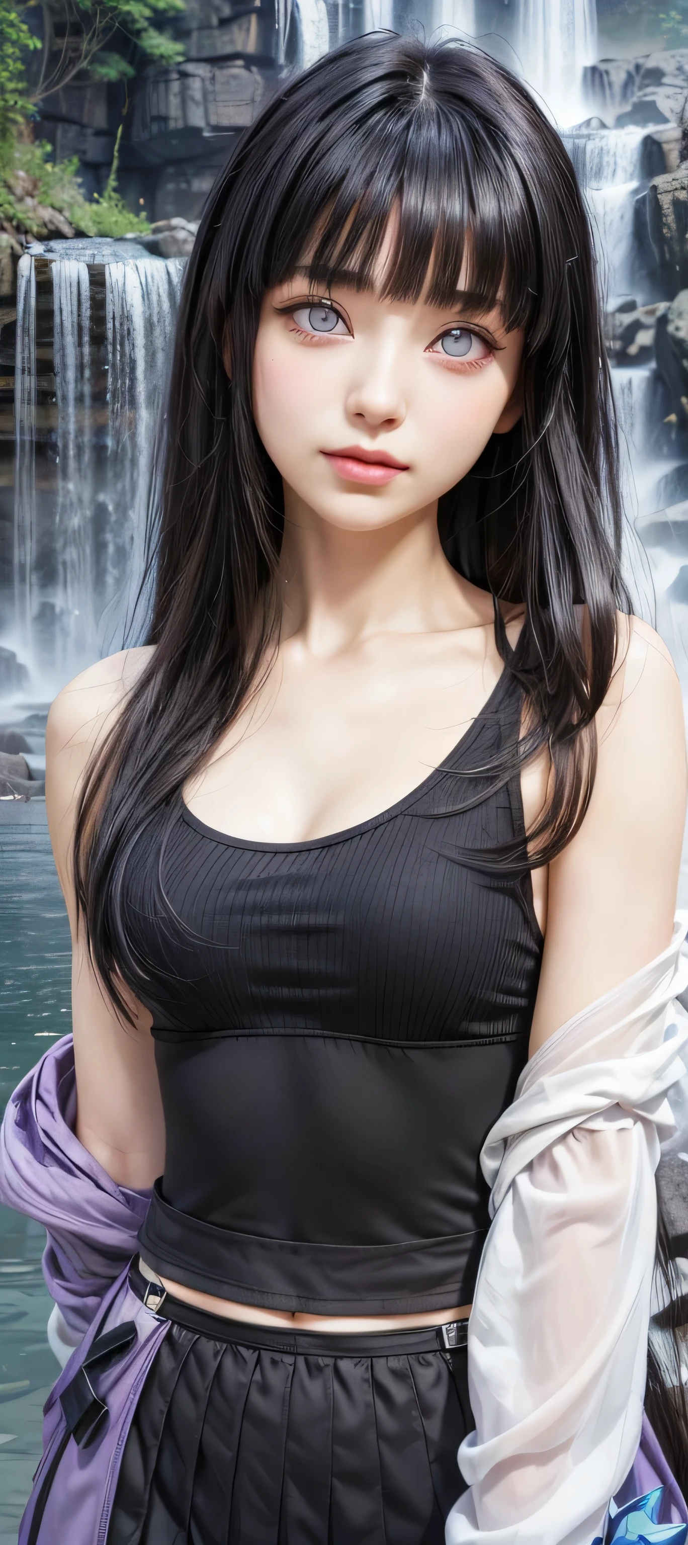 masterpiece, best quality, (realistic,photo-realistic:1.4), (RAW photo:1.2), extremely detailed CG unity 8k wallpaper, delicate and beautiful, amazing,finely detail, official art, absurdres, incredibly absurdres, huge filesize, ultra-detailed,extremely detailed eyes and face,light on face,hinata,(little smile),(black hair:1.4),tanktop,(waterfall background:1.4),(byakugan eyes:1.5),snowfall,(long hair:1.5),purple jacket,(blunt bangs:1.4),(wearing honkai impact outfit:1.5)