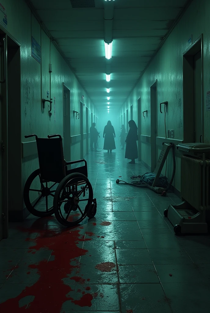 Endless corridor, horror, hospital, wheel chair on the side, blood trail, stretcher on the side, mental patients near walls, facing wall