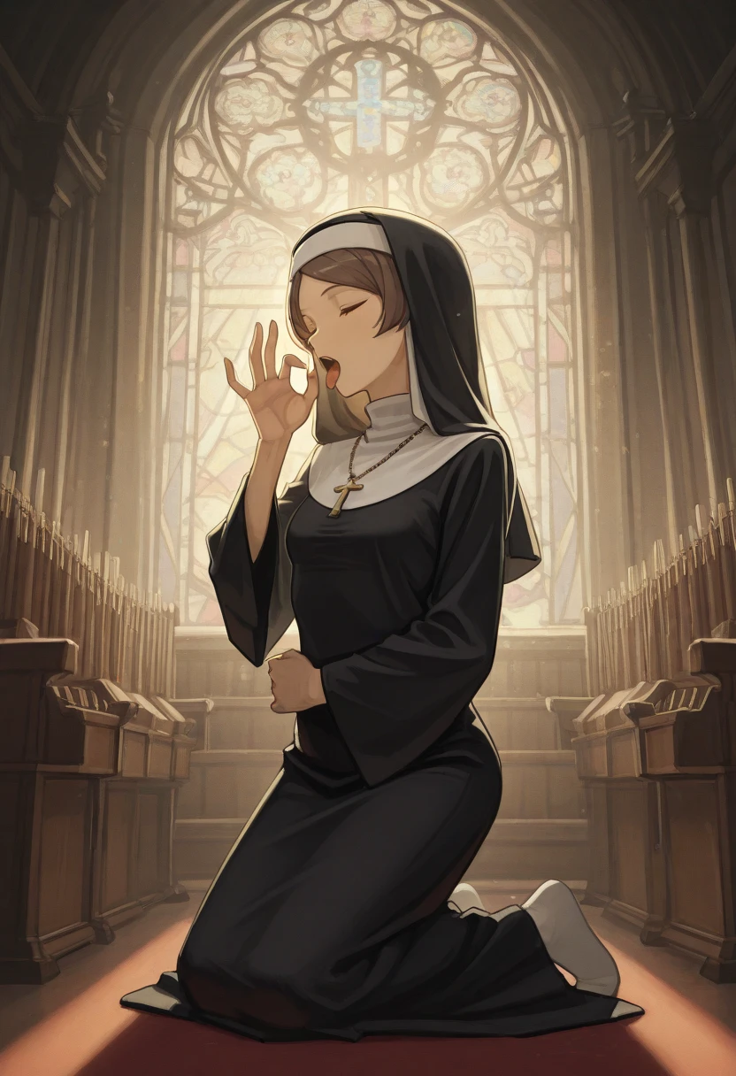 nsfw,(best quality),(very
aesthetic),(ultra detailed) ,(best illustration),shiny,face profile,on side,1girl,nun,in the church,night,kneeing,own hands claspe,closed mouth and eyes,close to viewer,full body